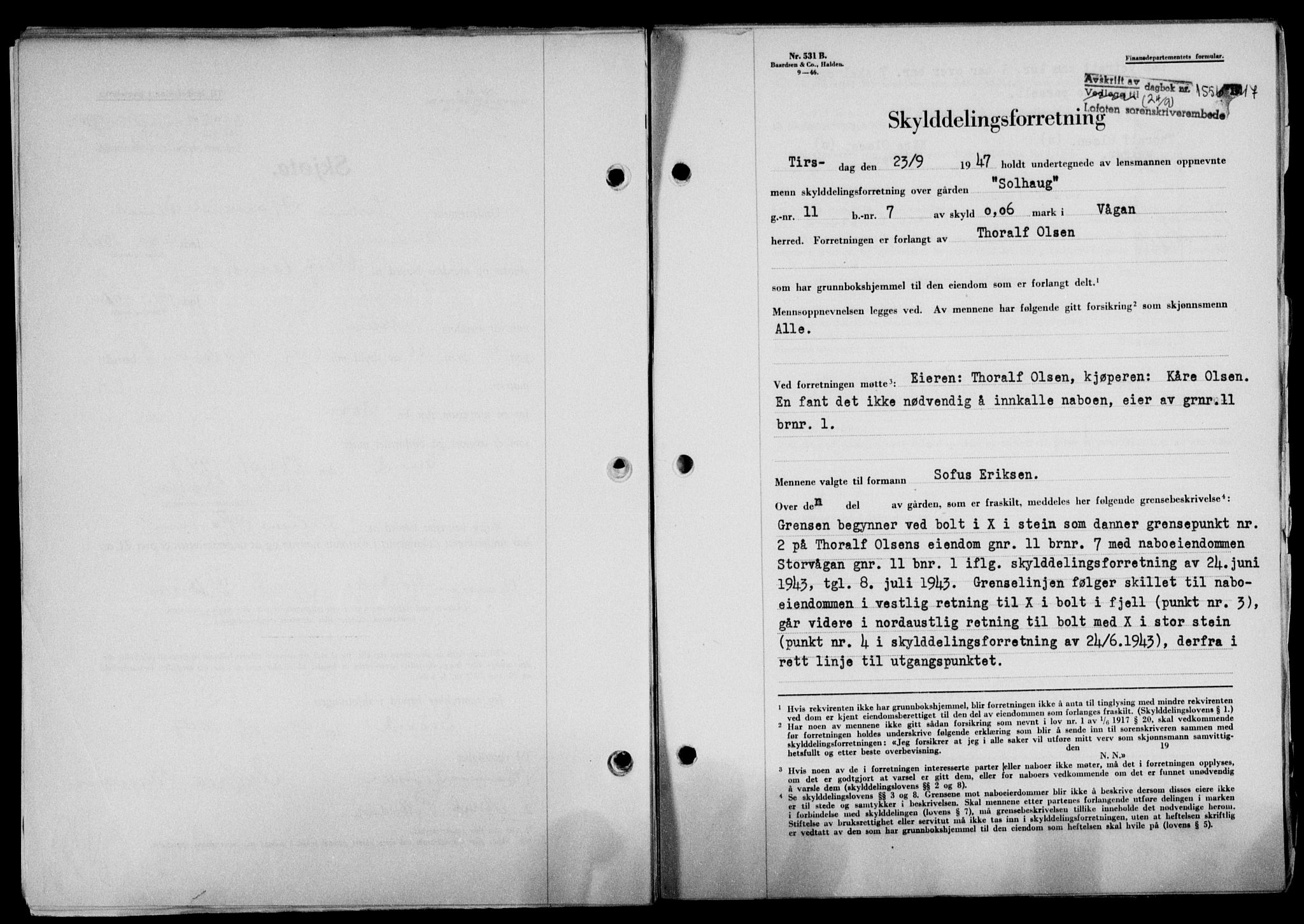 Lofoten sorenskriveri, SAT/A-0017/1/2/2C/L0016a: Mortgage book no. 16a, 1947-1947, Diary no: : 1556/1947
