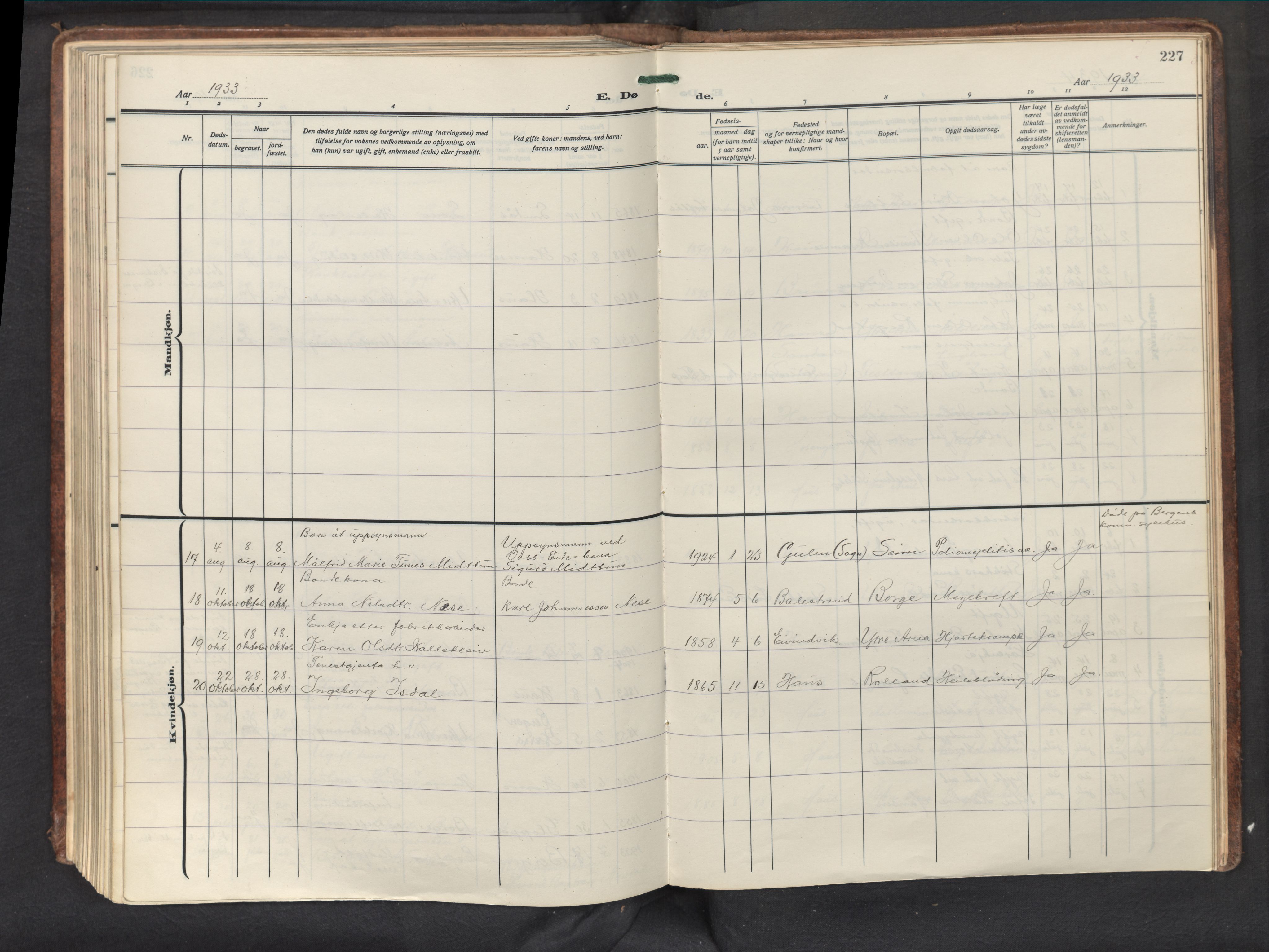 Haus sokneprestembete, AV/SAB-A-75601/H/Haa: Parish register (official) no. D 4, 1925-1939, p. 227