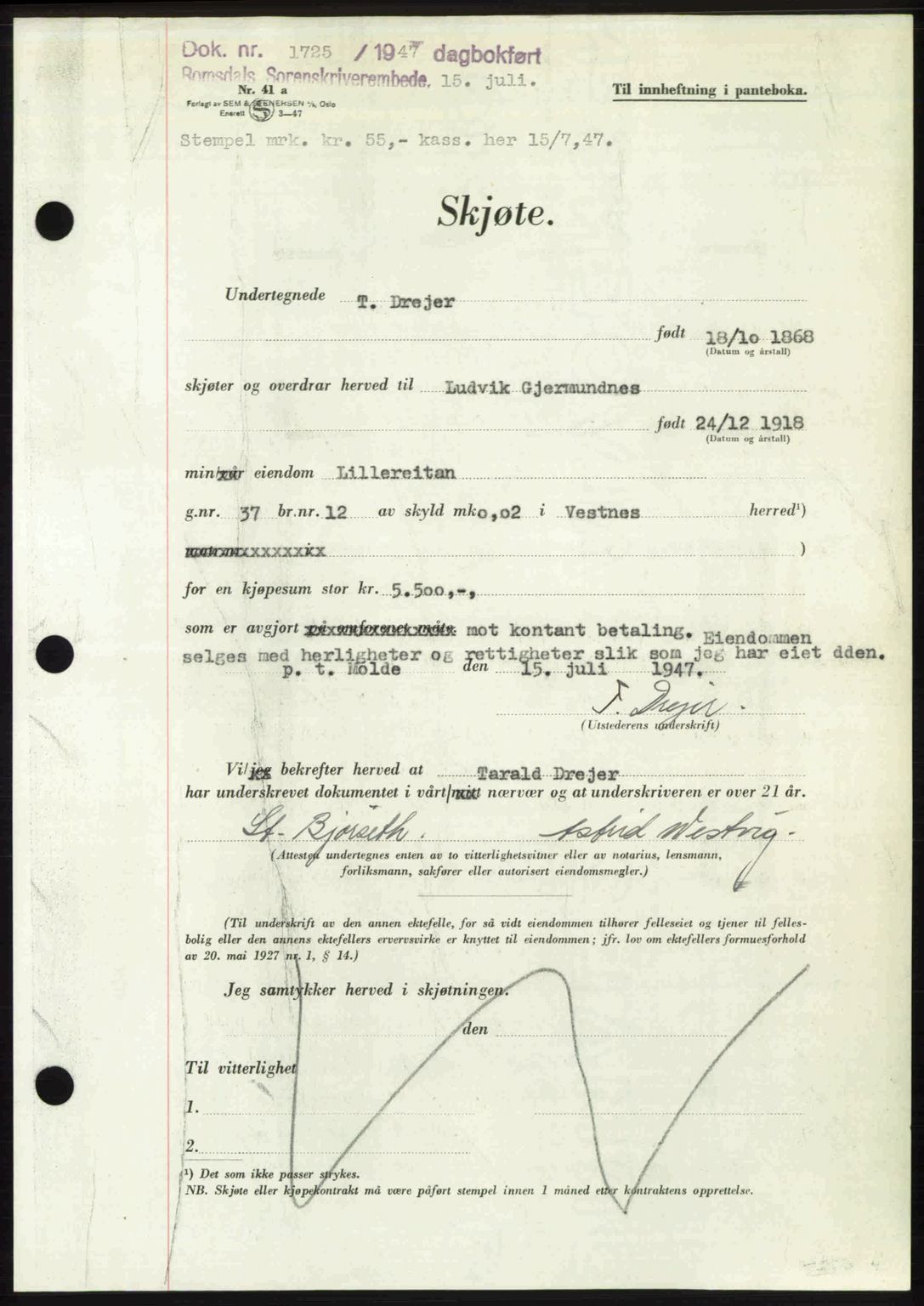 Romsdal sorenskriveri, AV/SAT-A-4149/1/2/2C: Mortgage book no. A23, 1947-1947, Diary no: : 1725/1947