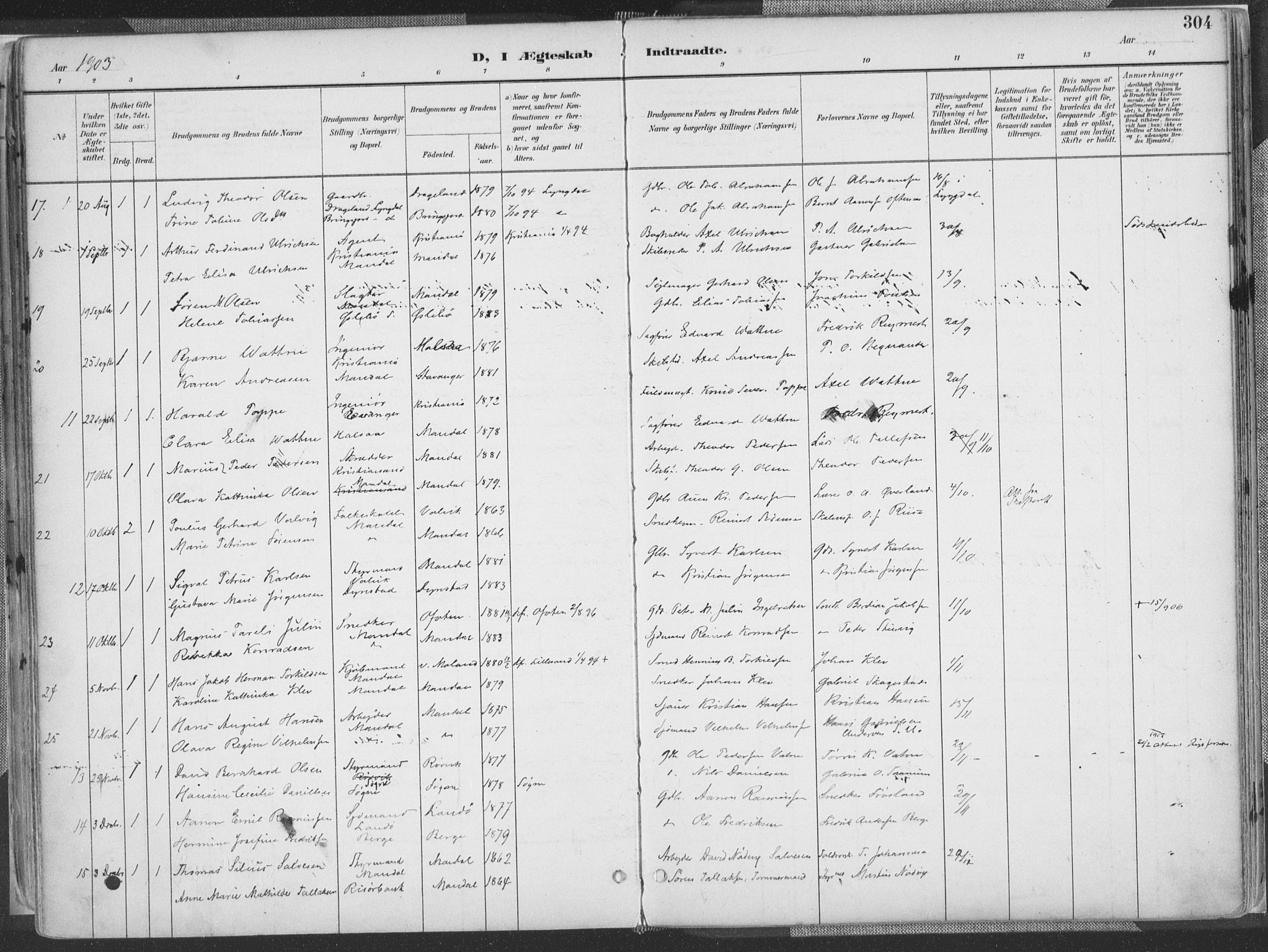 Mandal sokneprestkontor, AV/SAK-1111-0030/F/Fa/Faa/L0018: Parish register (official) no. A 18, 1890-1905, p. 304