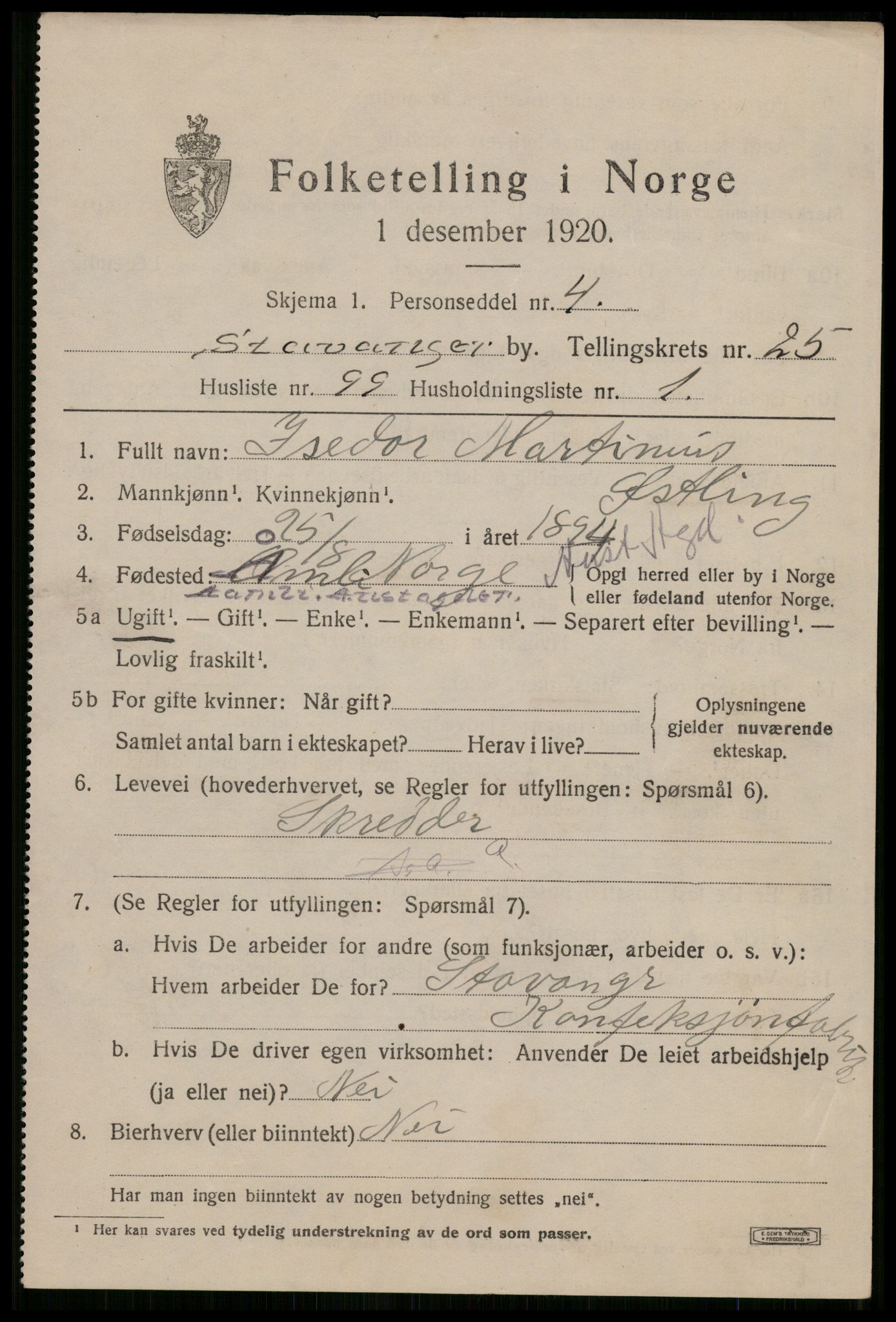 SAST, 1920 census for Stavanger, 1920, p. 77774