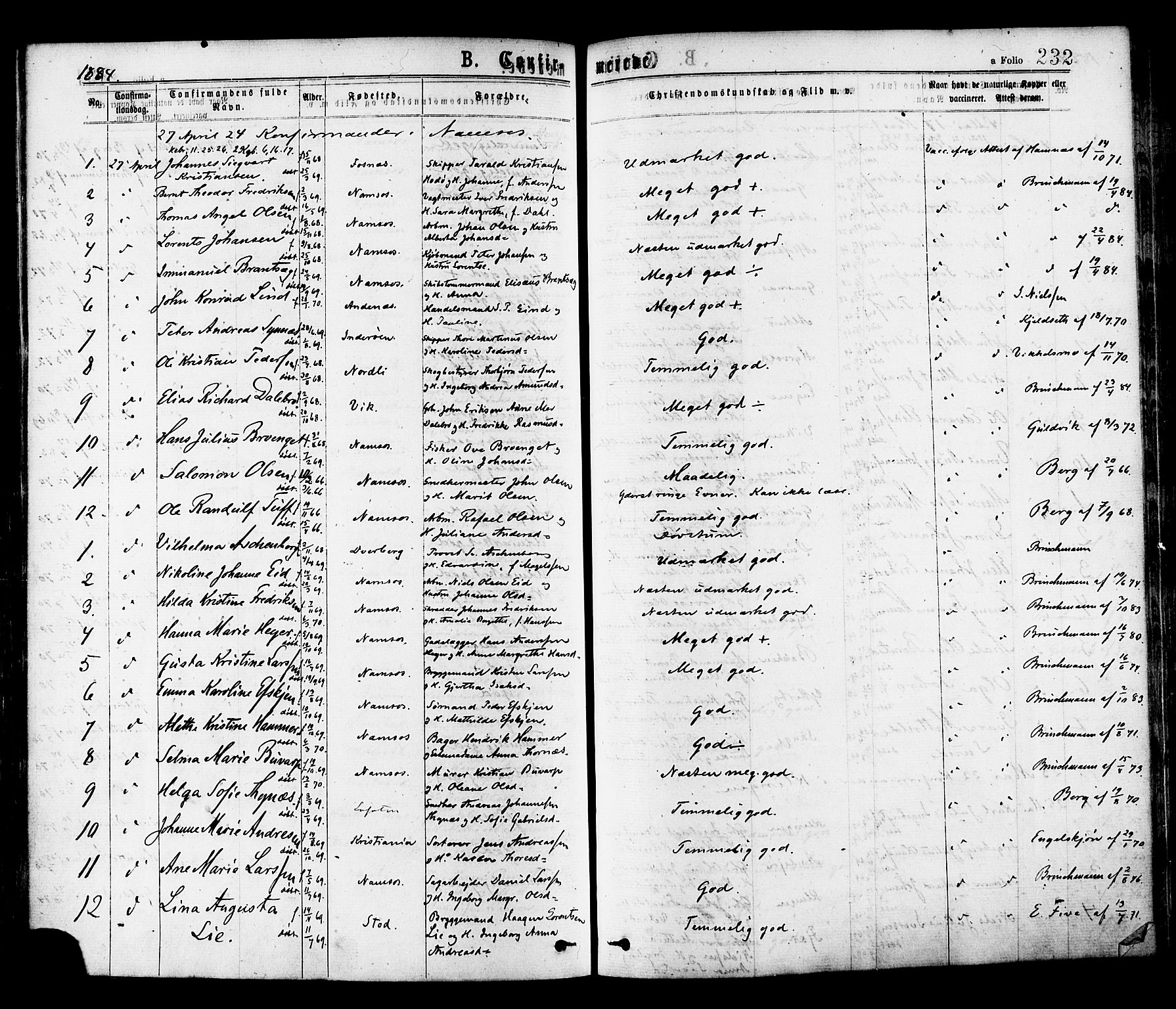 Ministerialprotokoller, klokkerbøker og fødselsregistre - Nord-Trøndelag, AV/SAT-A-1458/768/L0572: Parish register (official) no. 768A07, 1874-1886, p. 232