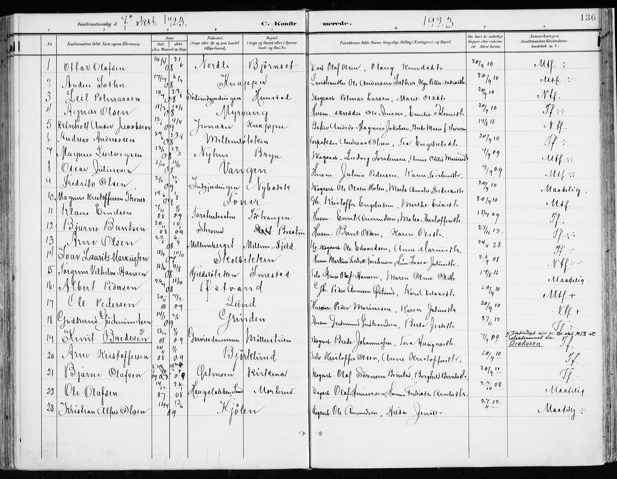 Nord-Odal prestekontor, SAH/PREST-032/H/Ha/Haa/L0009: Parish register (official) no. 9, 1902-1926, p. 136