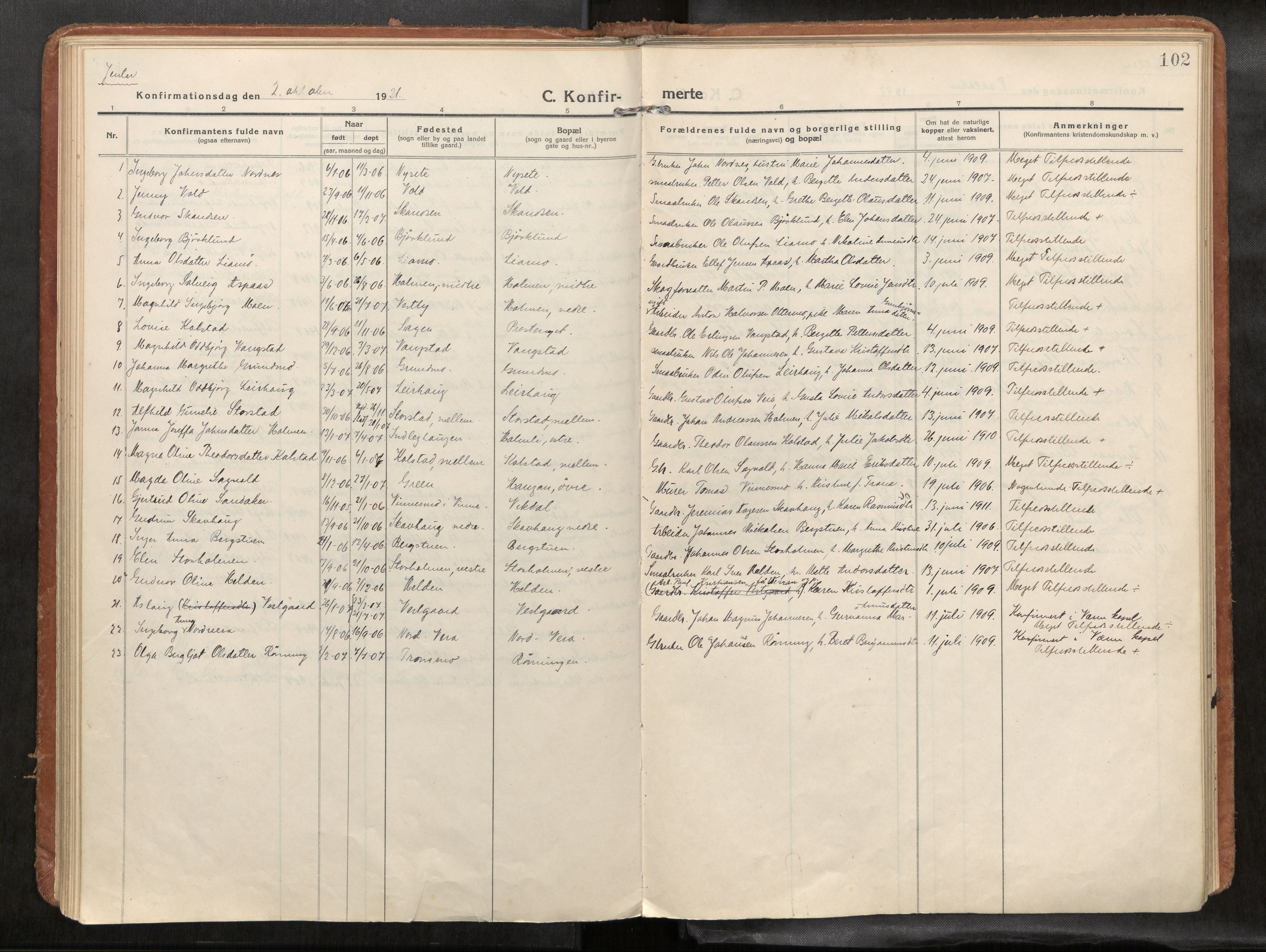 Verdal sokneprestkontor, SAT/A-1156/2/H/Haa/L0004: Parish register (official) no. 4, 1916-1928, p. 102