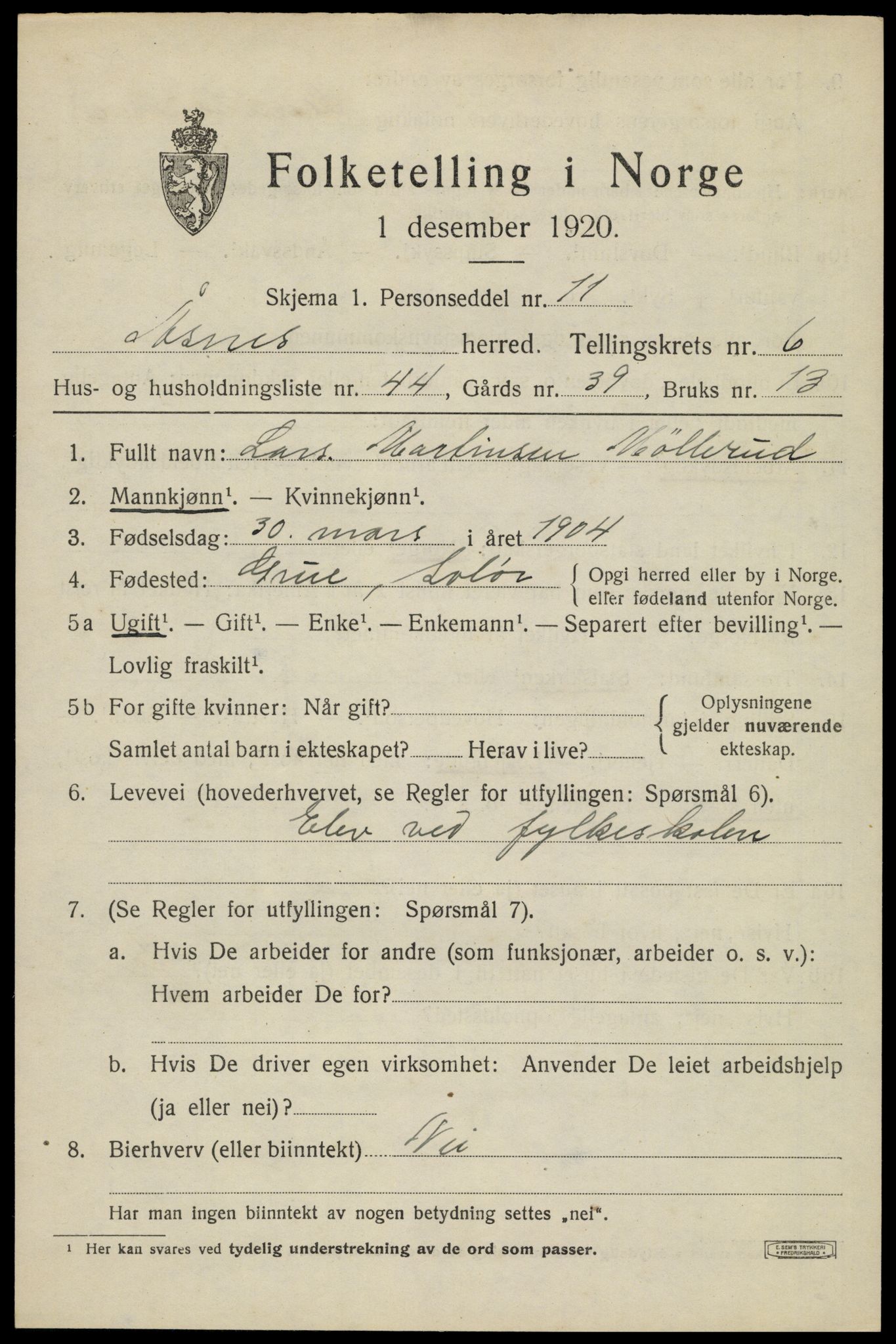 SAH, 1920 census for Åsnes, 1920, p. 8250