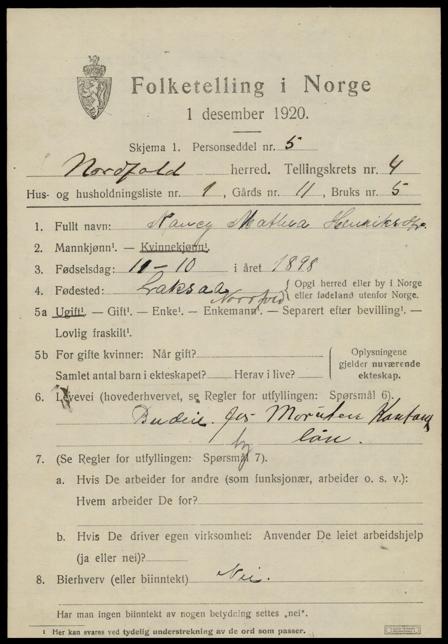 SAT, 1920 census for Nordfold, 1920, p. 1975