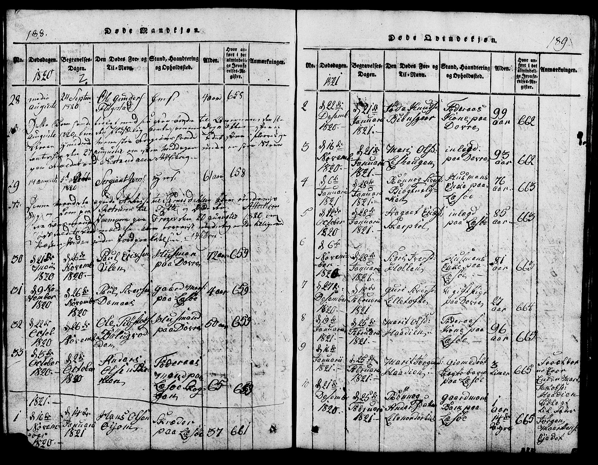 Lesja prestekontor, SAH/PREST-068/H/Ha/Hab/L0001: Parish register (copy) no. 1, 1820-1831, p. 188-189