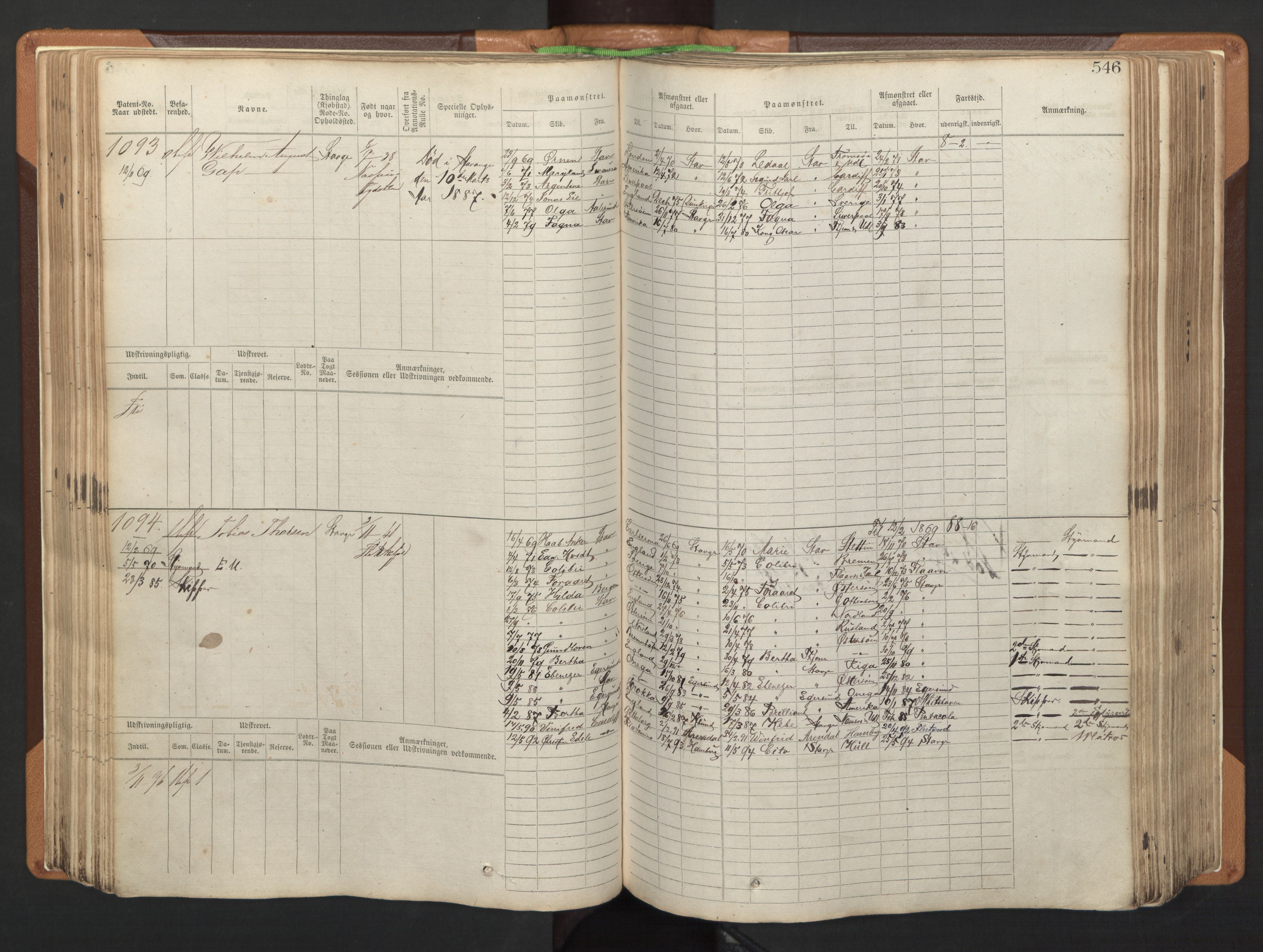 Stavanger sjømannskontor, AV/SAST-A-102006/F/Fb/Fbb/L0005: Sjøfartshovedrulle, patentnr. 793-1606 (del 2), 1869-1880, p. 156