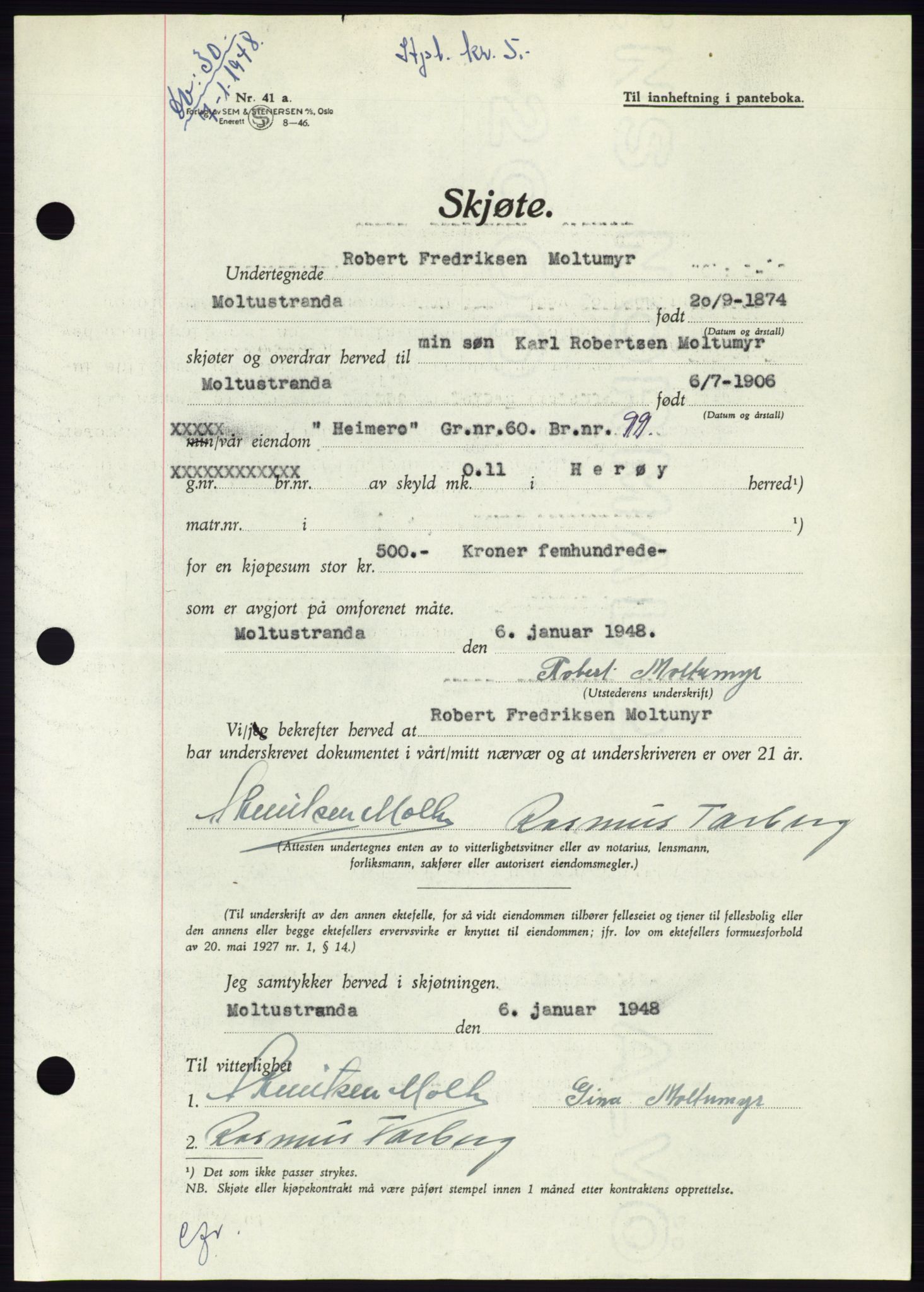 Søre Sunnmøre sorenskriveri, AV/SAT-A-4122/1/2/2C/L0081: Mortgage book no. 7A, 1947-1948, Diary no: : 30/1948