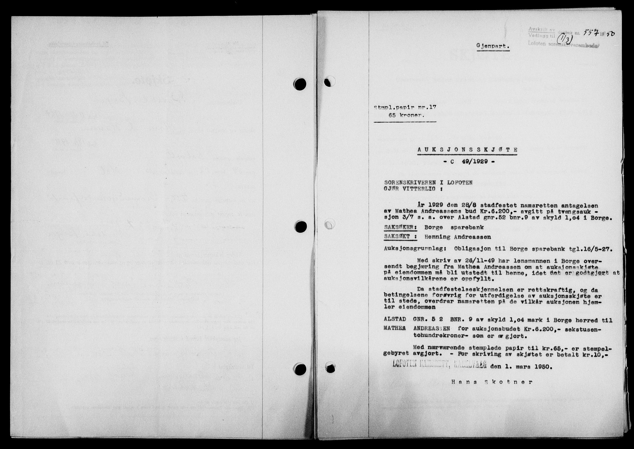 Lofoten sorenskriveri, SAT/A-0017/1/2/2C/L0023a: Mortgage book no. 23a, 1950-1950, Diary no: : 557/1950