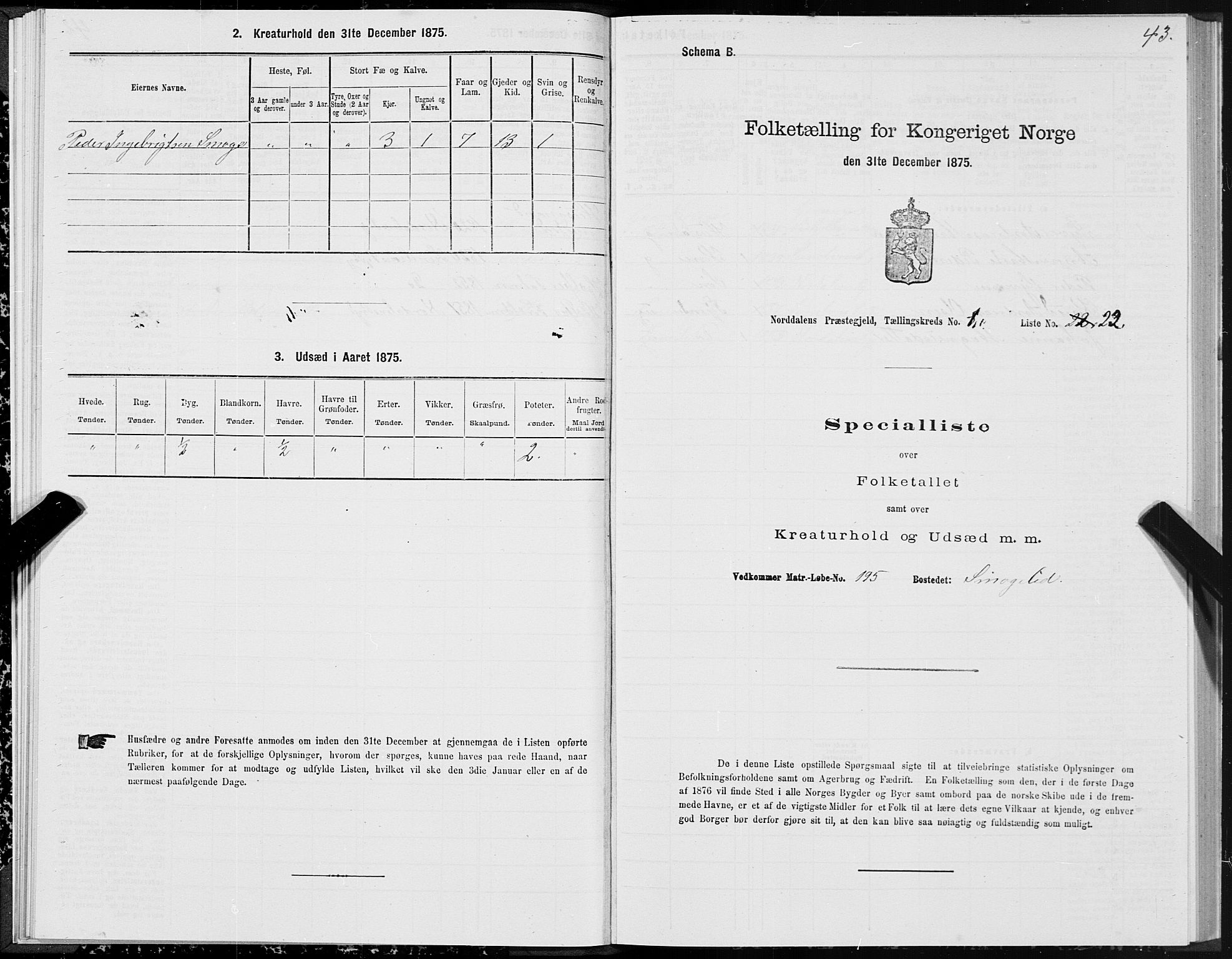 SAT, 1875 census for 1524P Norddal, 1875, p. 1043