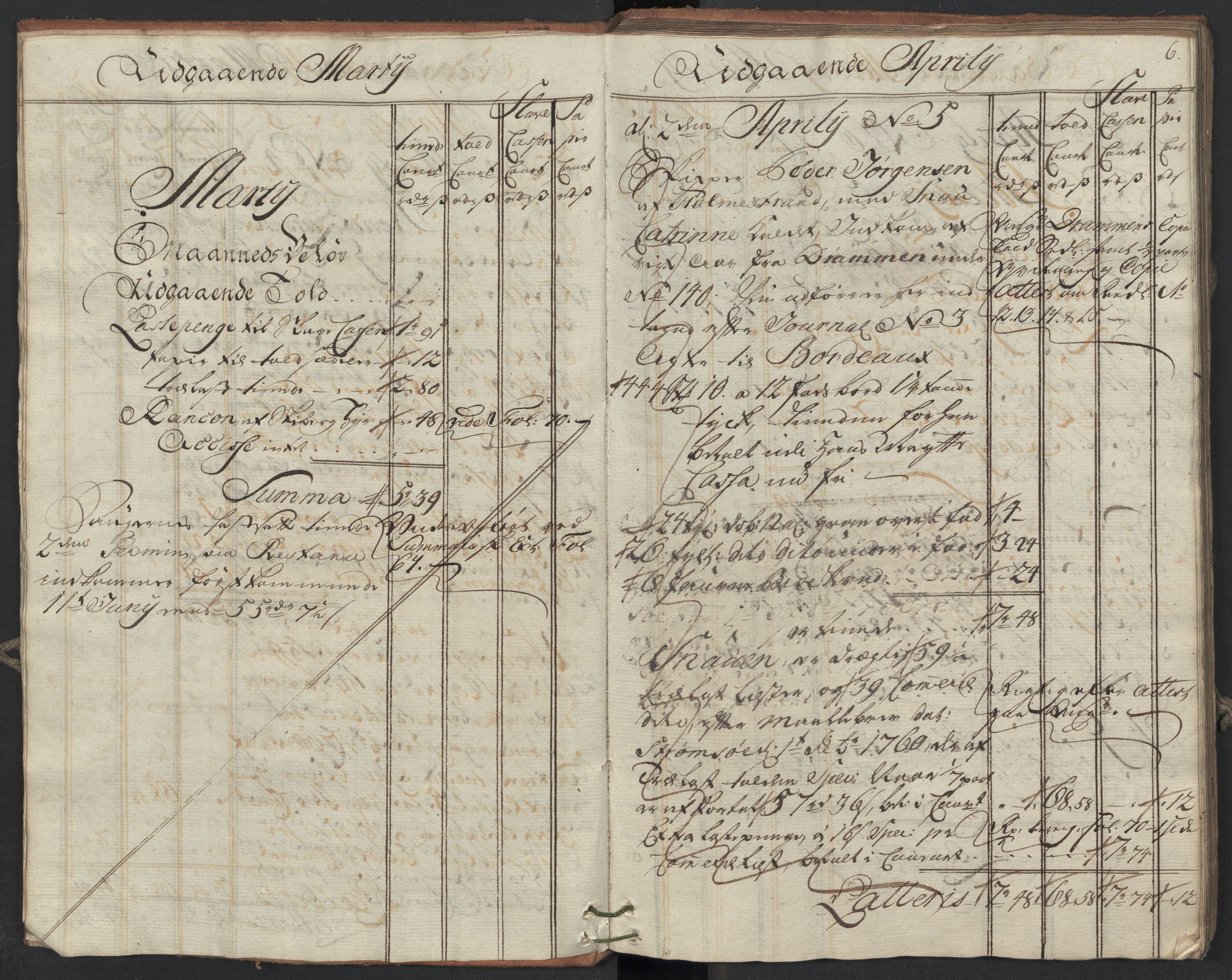 Generaltollkammeret, tollregnskaper, AV/RA-EA-5490/R09/L0038/0001: Tollregnskaper Holmestrand / Utgående hovedtollbok, 1764, p. 5b-6a