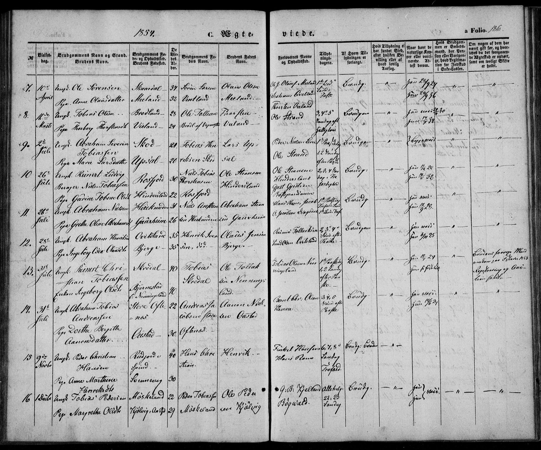 Lyngdal sokneprestkontor, AV/SAK-1111-0029/F/Fa/Fac/L0009: Parish register (official) no. A 9, 1852-1864, p. 186