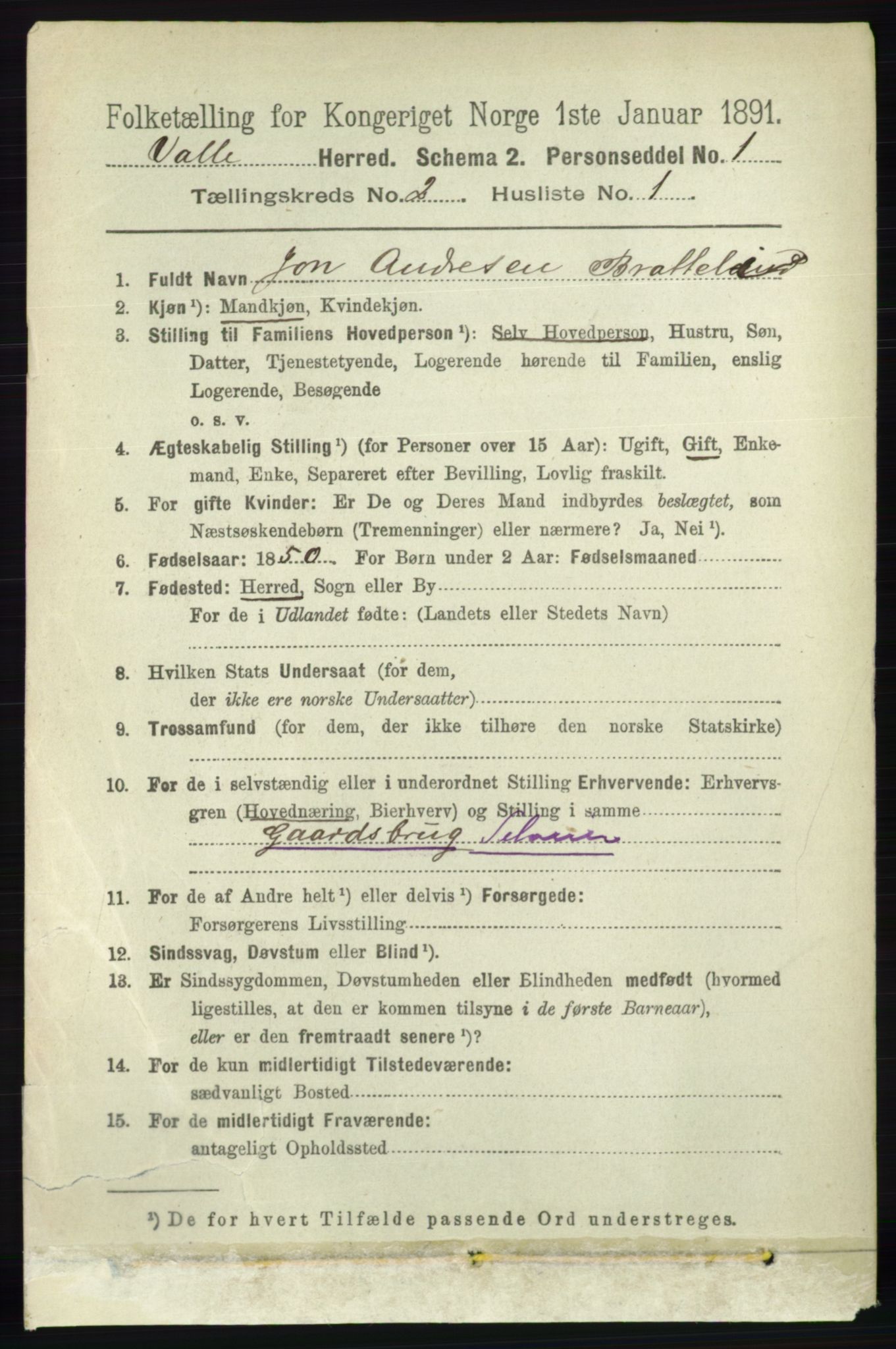 RA, 1891 census for 0940 Valle, 1891, p. 372