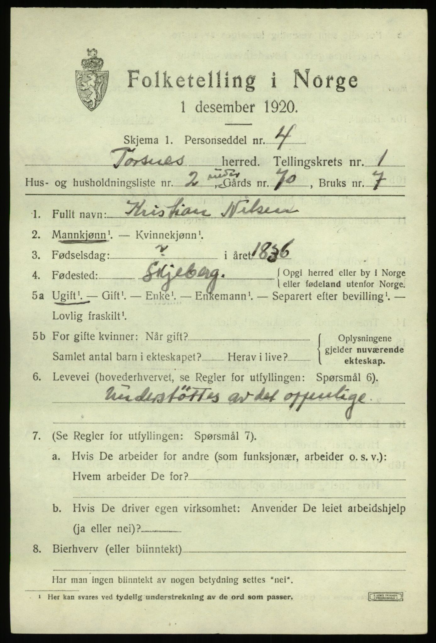 SAO, 1920 census for Torsnes, 1920, p. 495