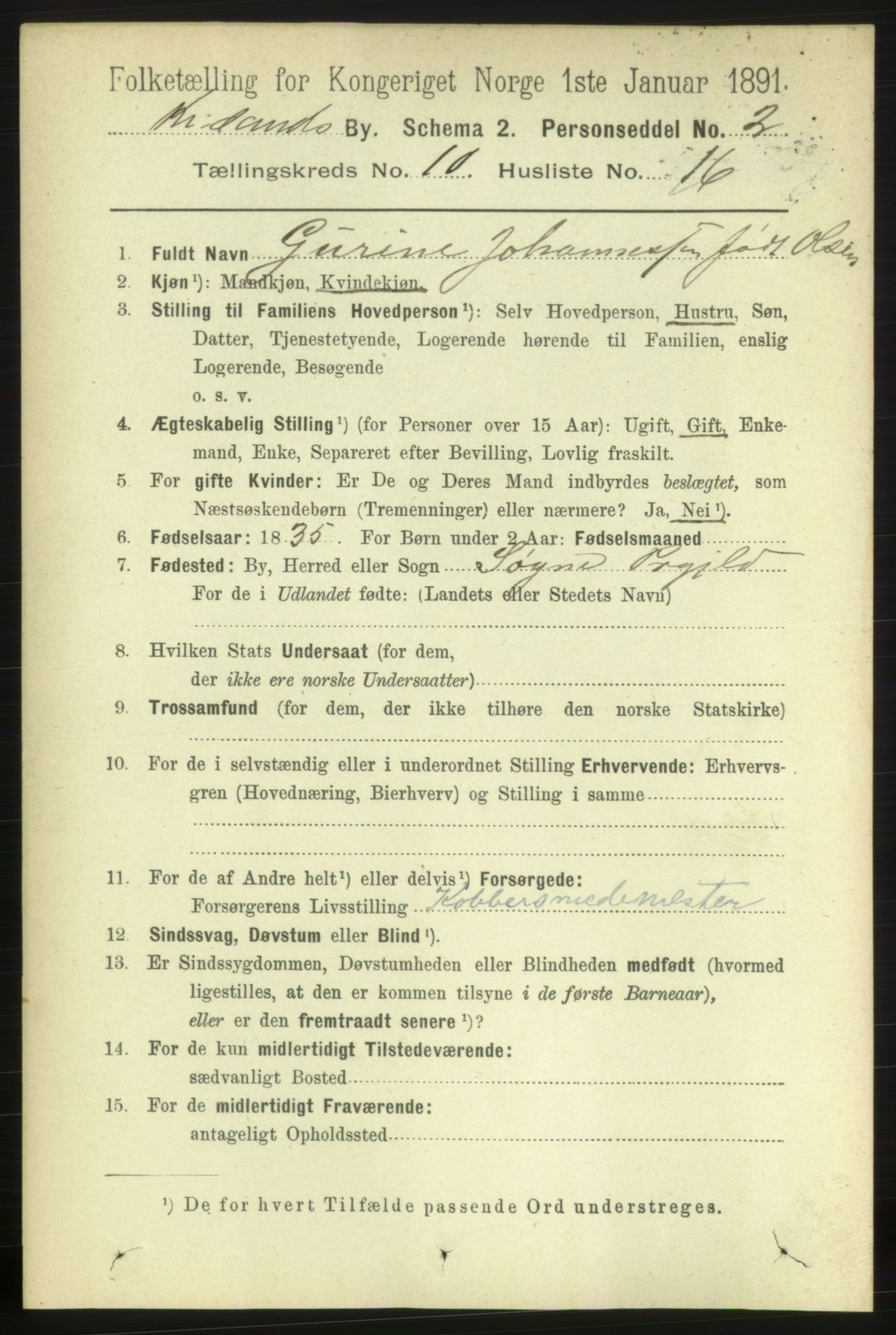 RA, 1891 census for 1001 Kristiansand, 1891, p. 5559