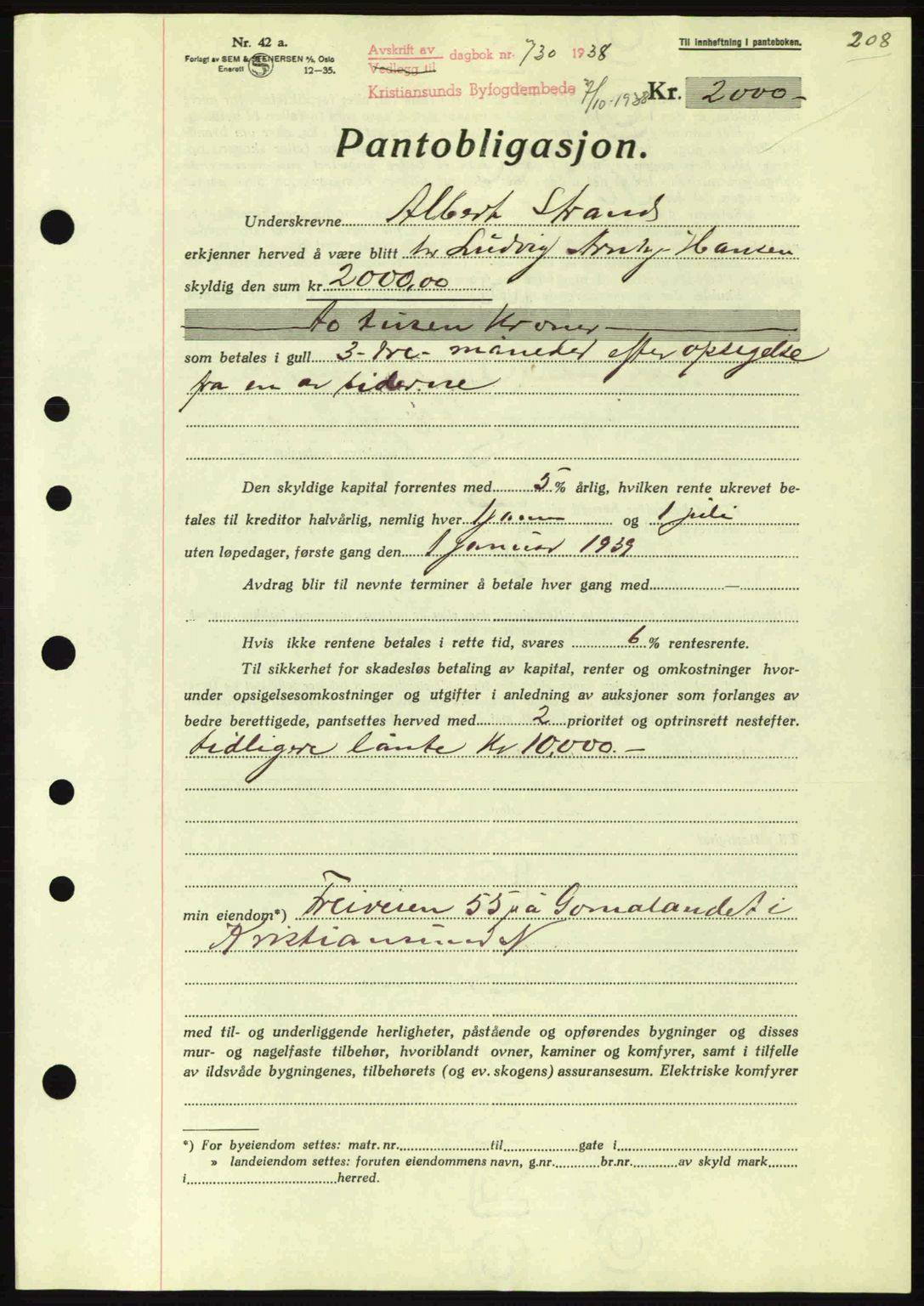 Kristiansund byfogd, AV/SAT-A-4587/A/27: Mortgage book no. 31, 1938-1939, Diary no: : 730/1938