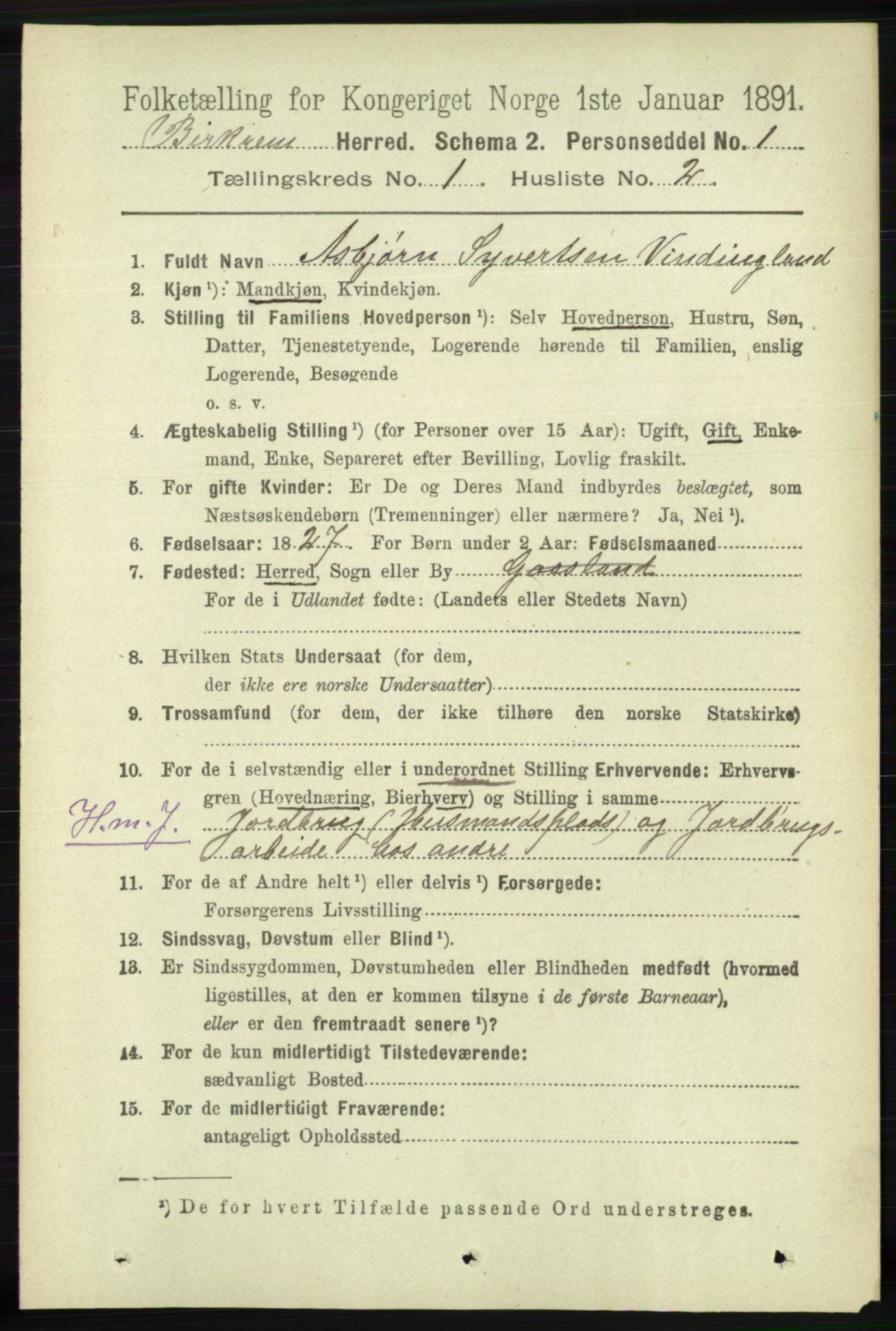 RA, 1891 census for 1114 Bjerkreim, 1891, p. 99