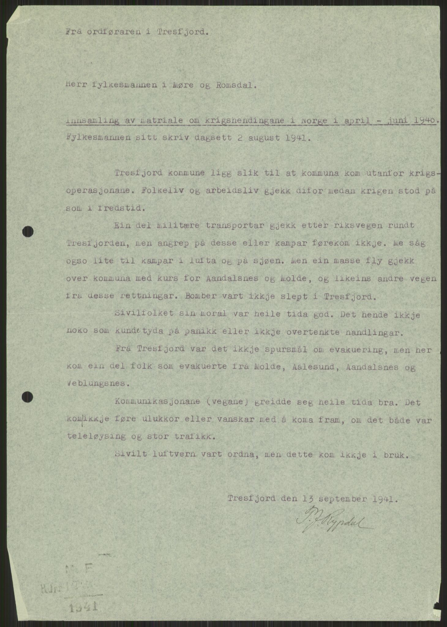 Forsvaret, Forsvarets krigshistoriske avdeling, AV/RA-RAFA-2017/Y/Ya/L0015: II-C-11-31 - Fylkesmenn.  Rapporter om krigsbegivenhetene 1940., 1940, p. 794