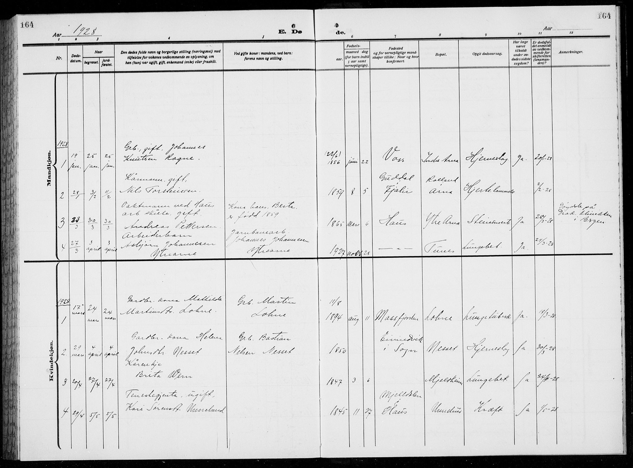 Arna Sokneprestembete, SAB/A-74001/H/Ha/Hab: Parish register (copy) no. A  6, 1922-1936, p. 164