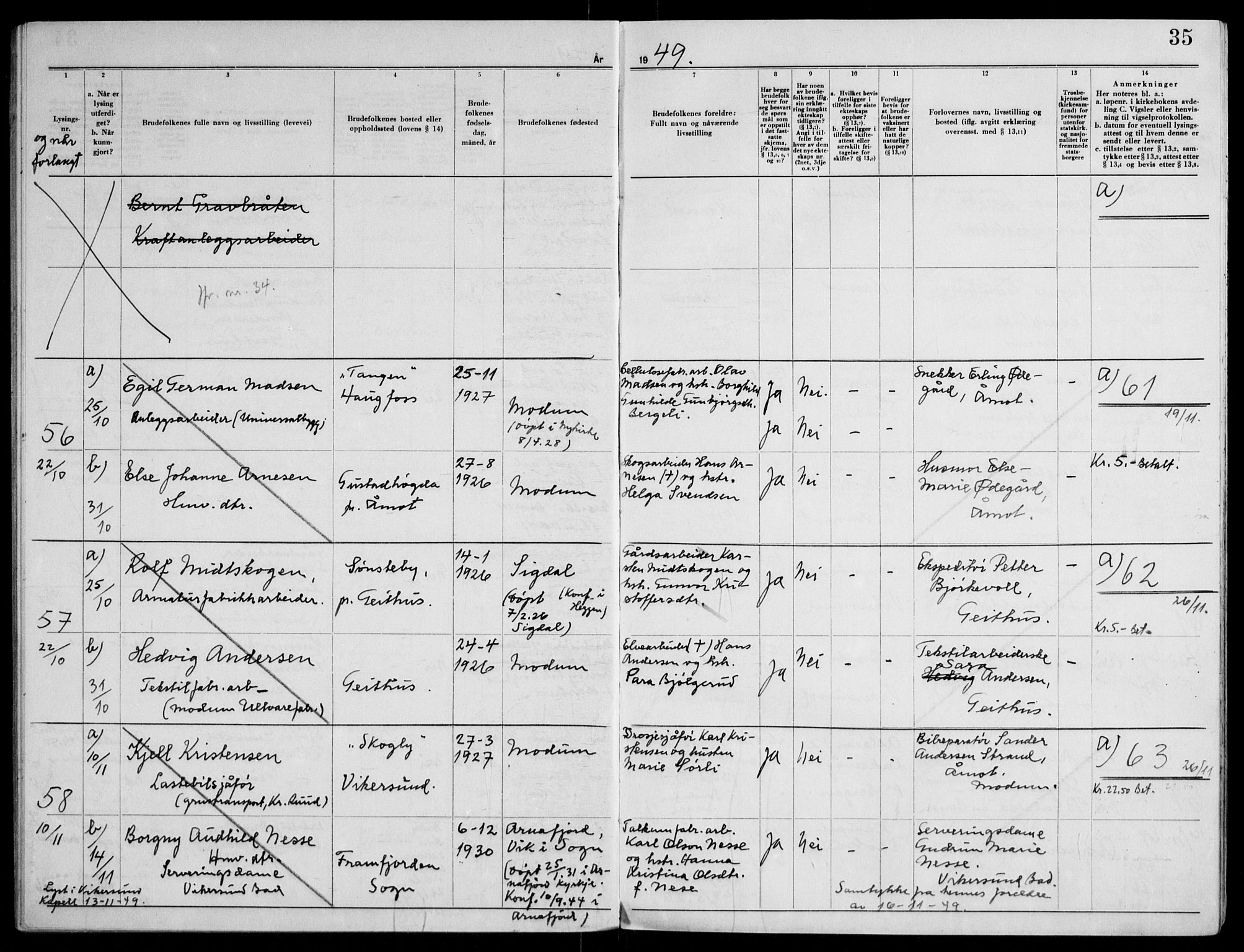 Modum kirkebøker, AV/SAKO-A-234/H/Ha/L0005: Banns register no. I 5, 1949-1953, p. 35