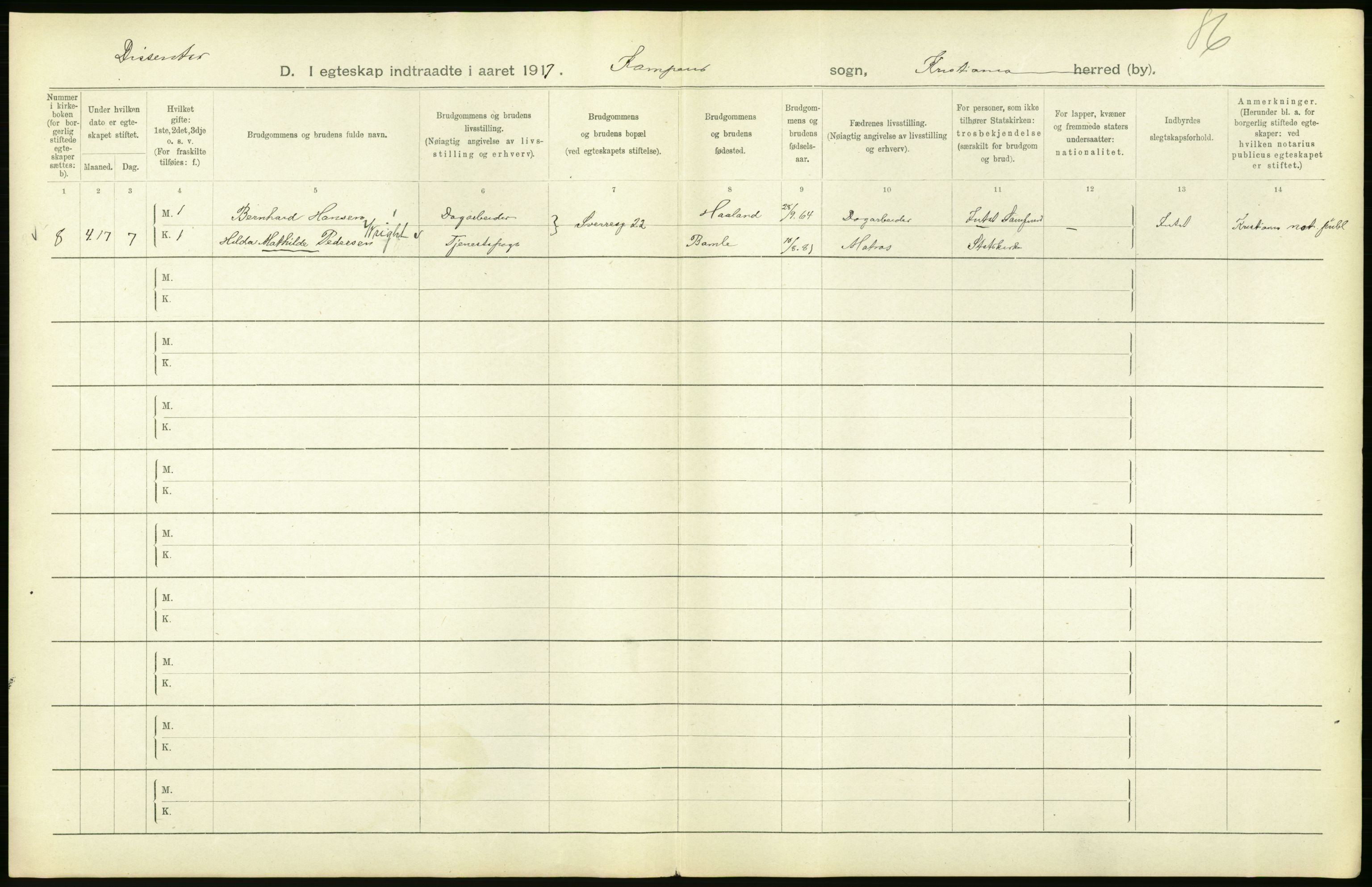 Statistisk sentralbyrå, Sosiodemografiske emner, Befolkning, AV/RA-S-2228/D/Df/Dfb/Dfbg/L0009: Kristiania: Gifte, 1917, p. 52