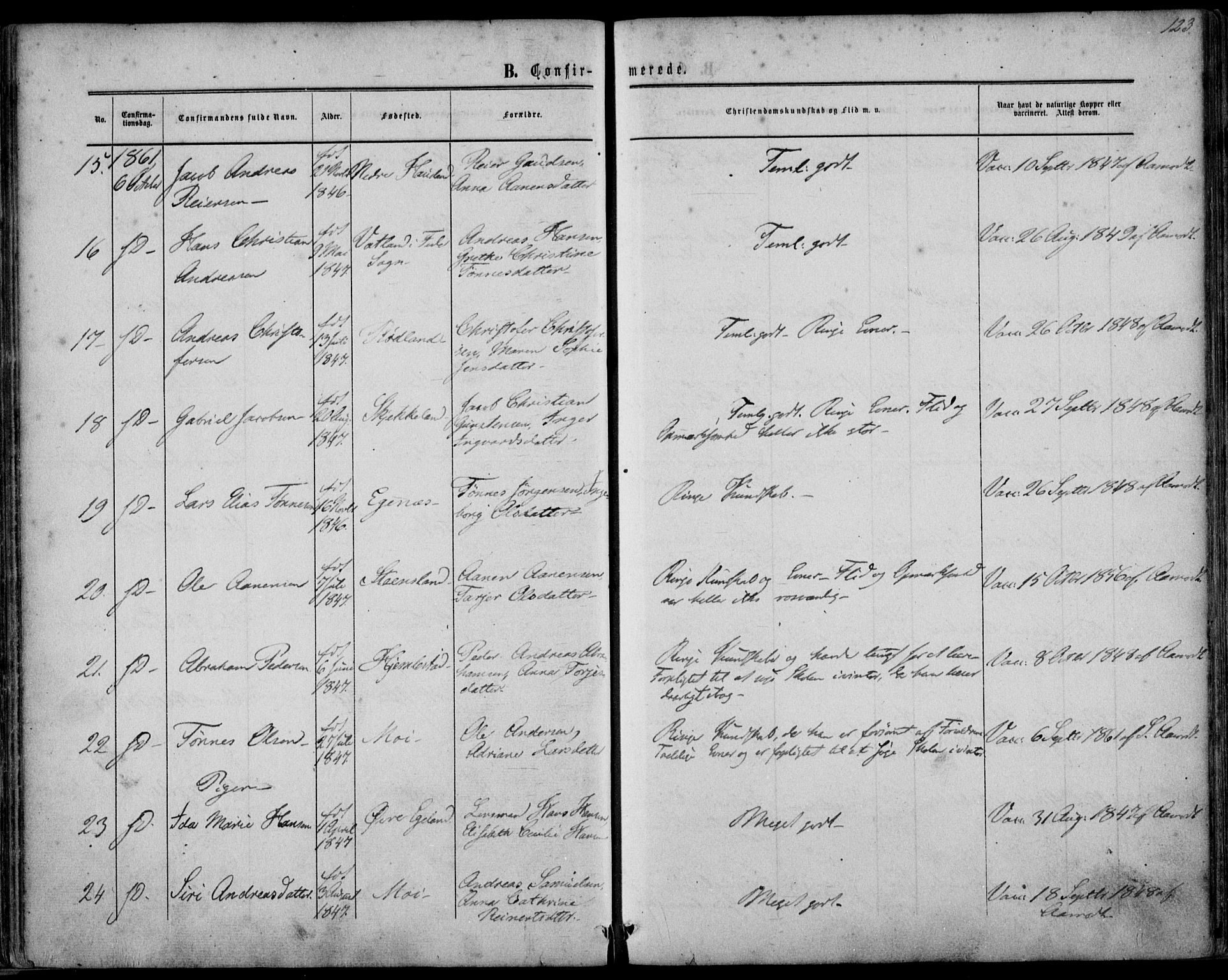 Kvinesdal sokneprestkontor, AV/SAK-1111-0026/F/Fa/Fab/L0006: Parish register (official) no. A 6, 1857-1869, p. 123