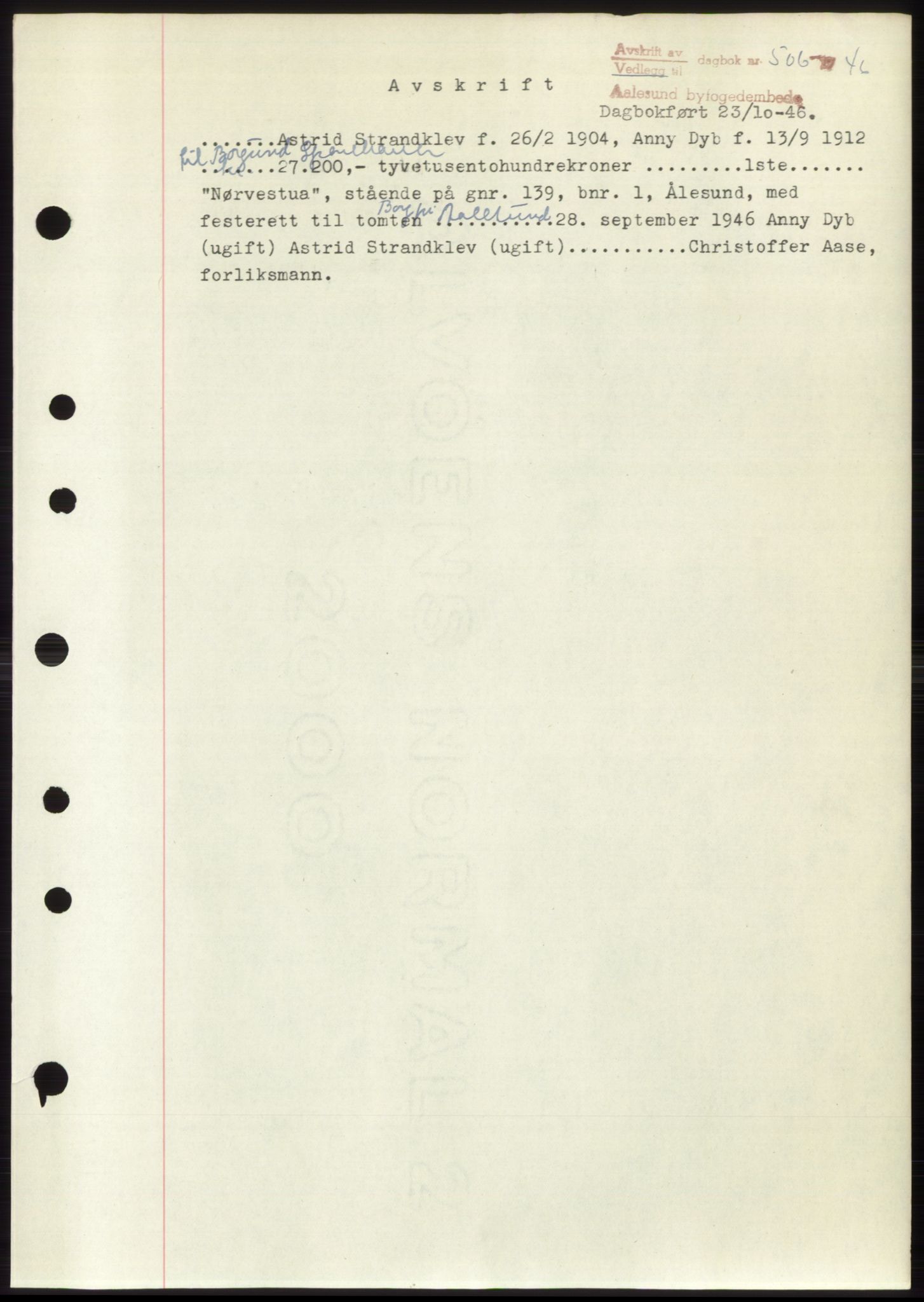 Ålesund byfogd, AV/SAT-A-4384: Mortgage book no. B34-35 b, 1946-1947, Diary no: : 506/1946