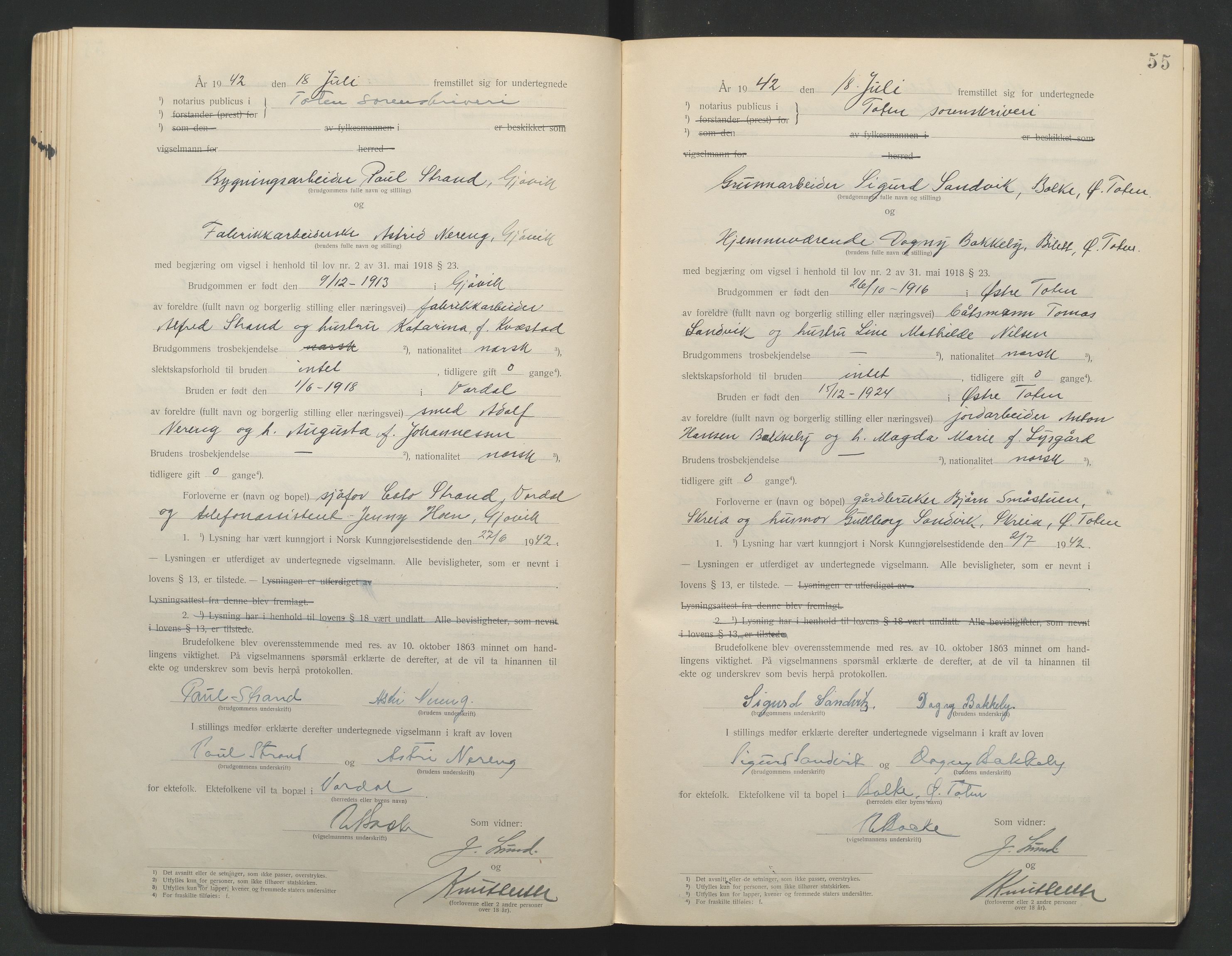 Toten tingrett, AV/SAH-TING-006/L/Lc/L0001: Vigselbok, 1920-1942, p. 55
