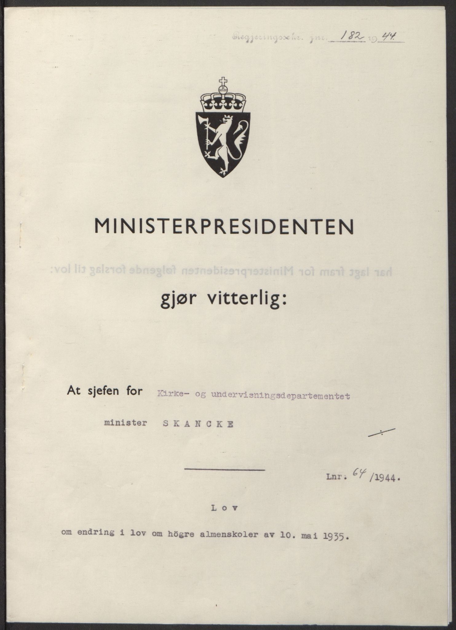 NS-administrasjonen 1940-1945 (Statsrådsekretariatet, de kommisariske statsråder mm), RA/S-4279/D/Db/L0100: Lover, 1944, p. 303