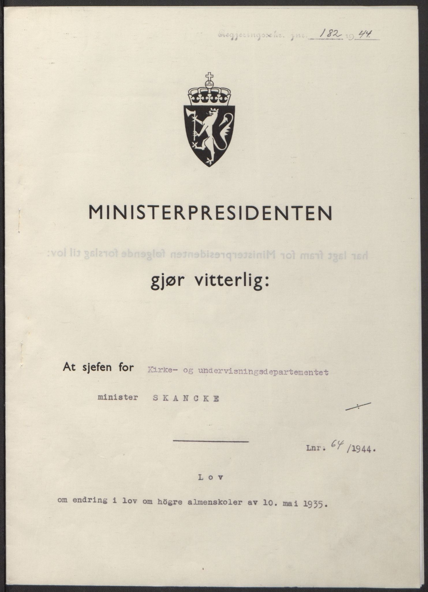 NS-administrasjonen 1940-1945 (Statsrådsekretariatet, de kommisariske statsråder mm), AV/RA-S-4279/D/Db/L0100: Lover, 1944, p. 303