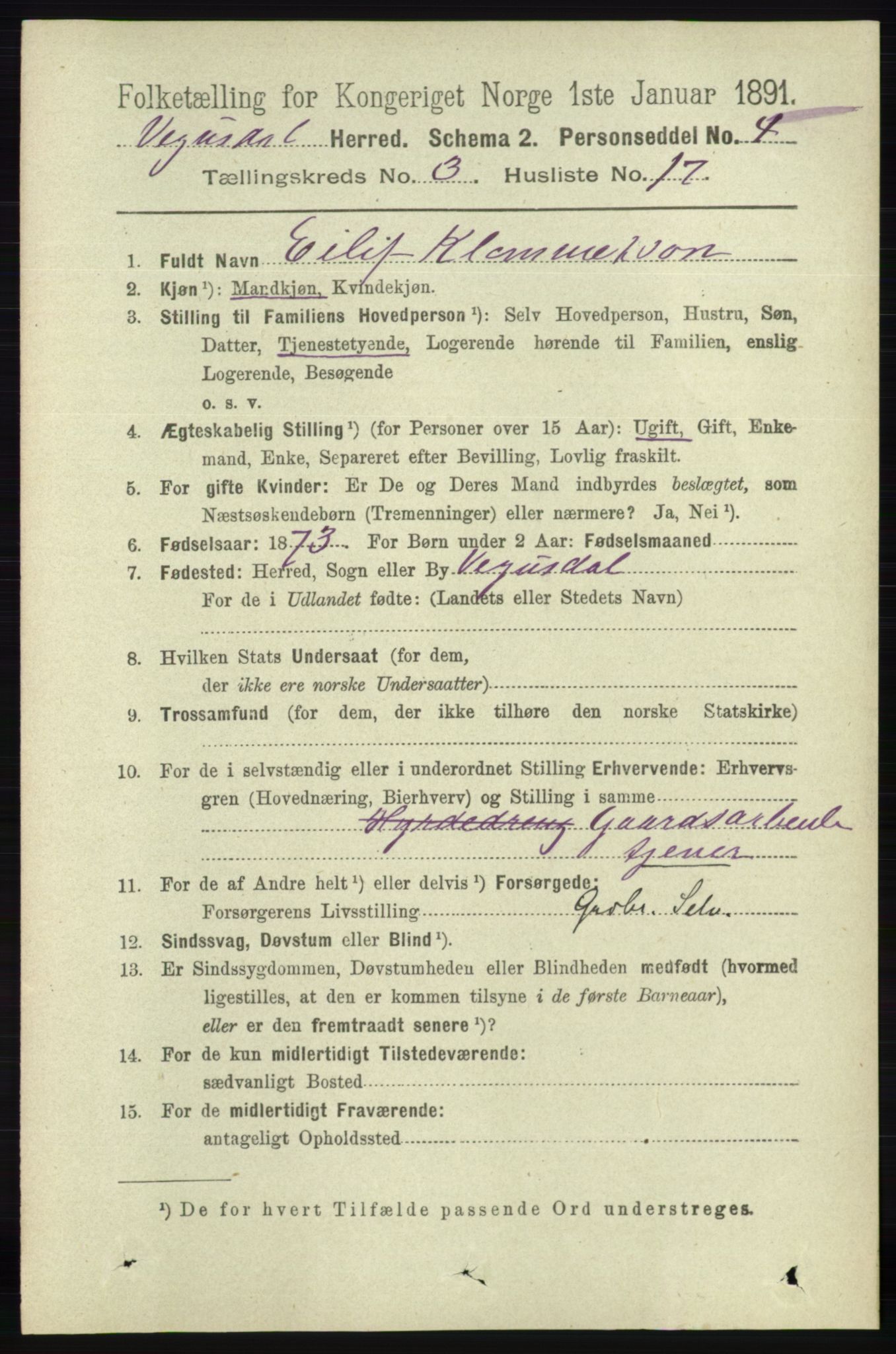 RA, 1891 census for 0934 Vegusdal, 1891, p. 683