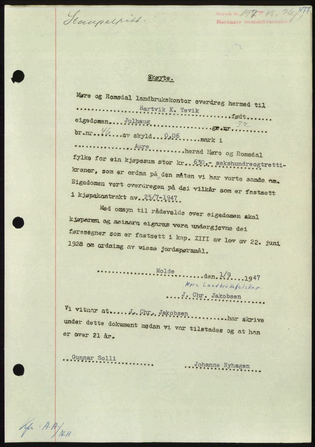 Nordmøre sorenskriveri, AV/SAT-A-4132/1/2/2Ca: Mortgage book no. A107, 1947-1948, Diary no: : 197/1948