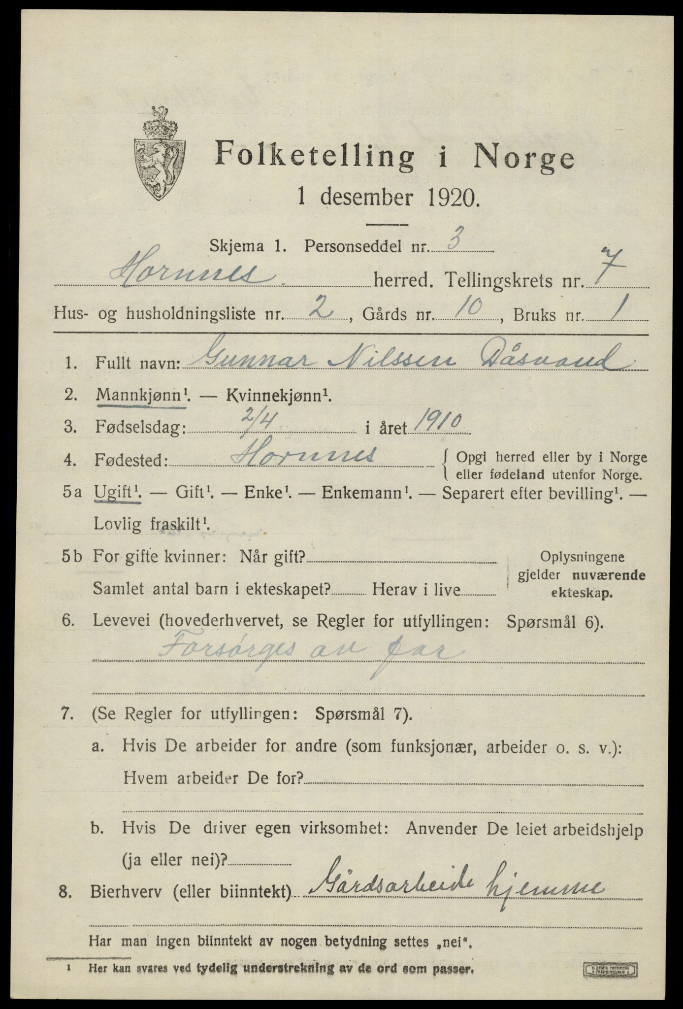 SAK, 1920 census for Hornnes, 1920, p. 1671