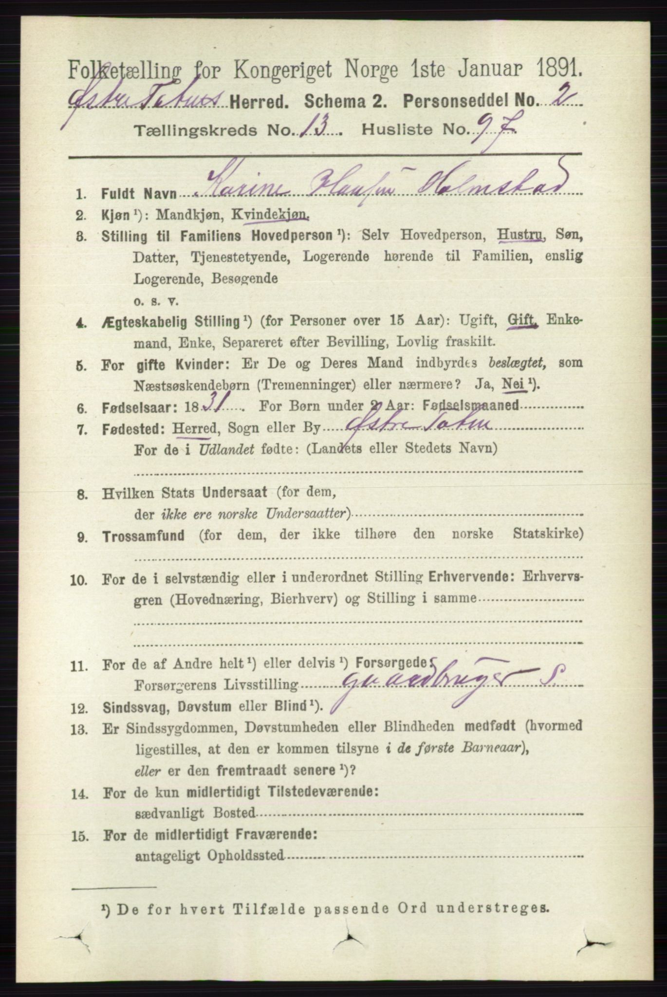 RA, 1891 census for 0528 Østre Toten, 1891, p. 8929