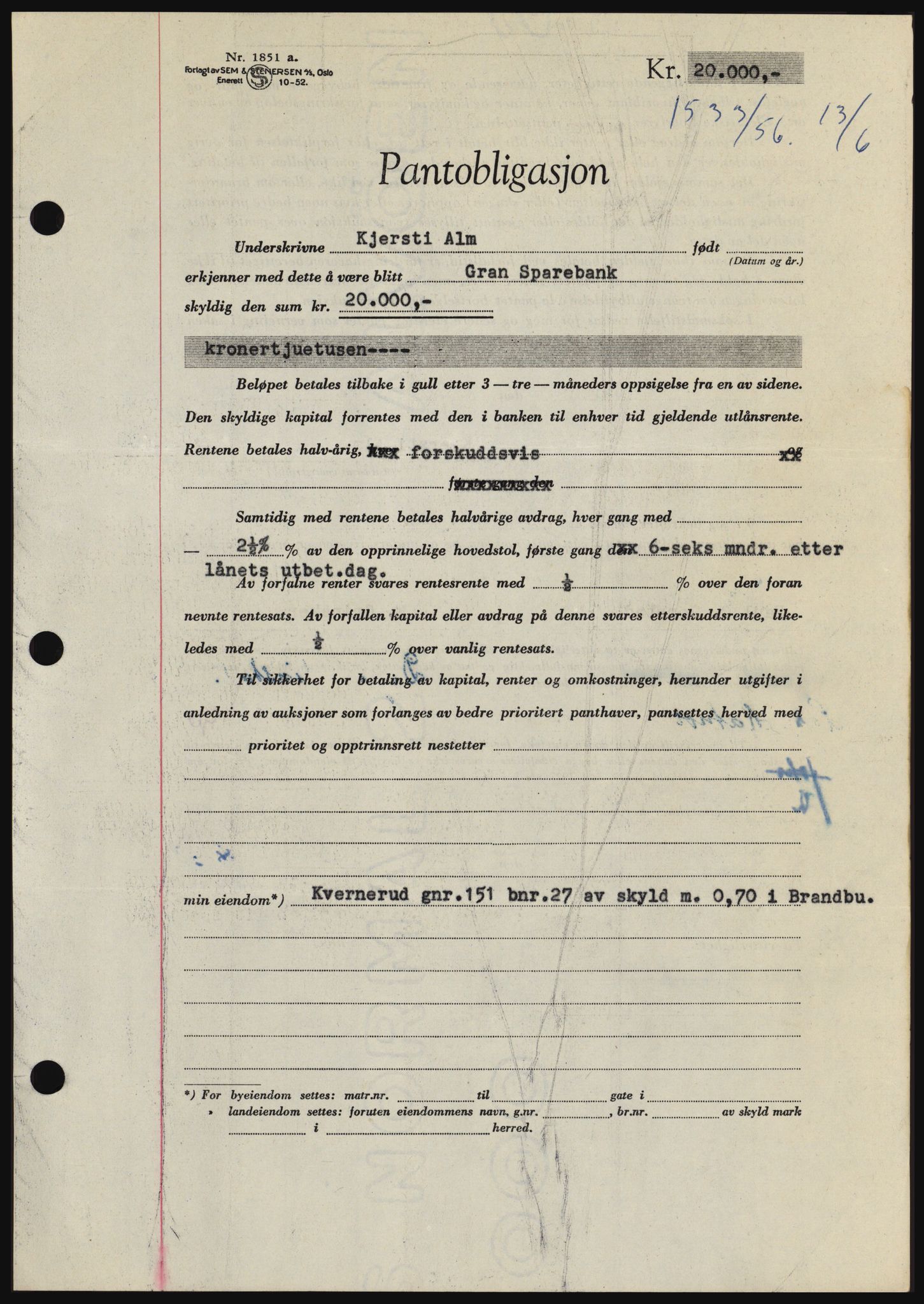 Hadeland og Land tingrett, SAH/TING-010/H/Hb/Hbc/L0034: Mortgage book no. B34, 1956-1956, Diary no: : 1533/1956