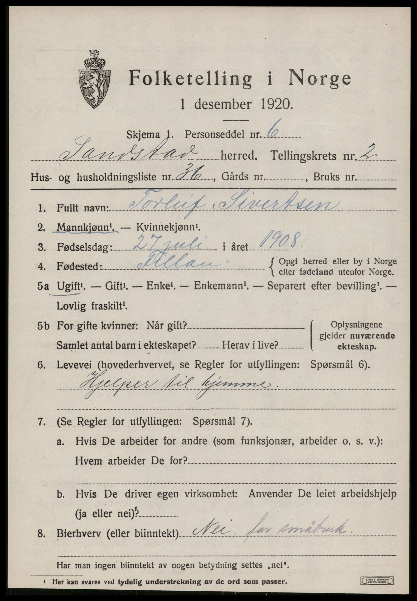 SAT, 1920 census for Sandstad, 1920, p. 1089