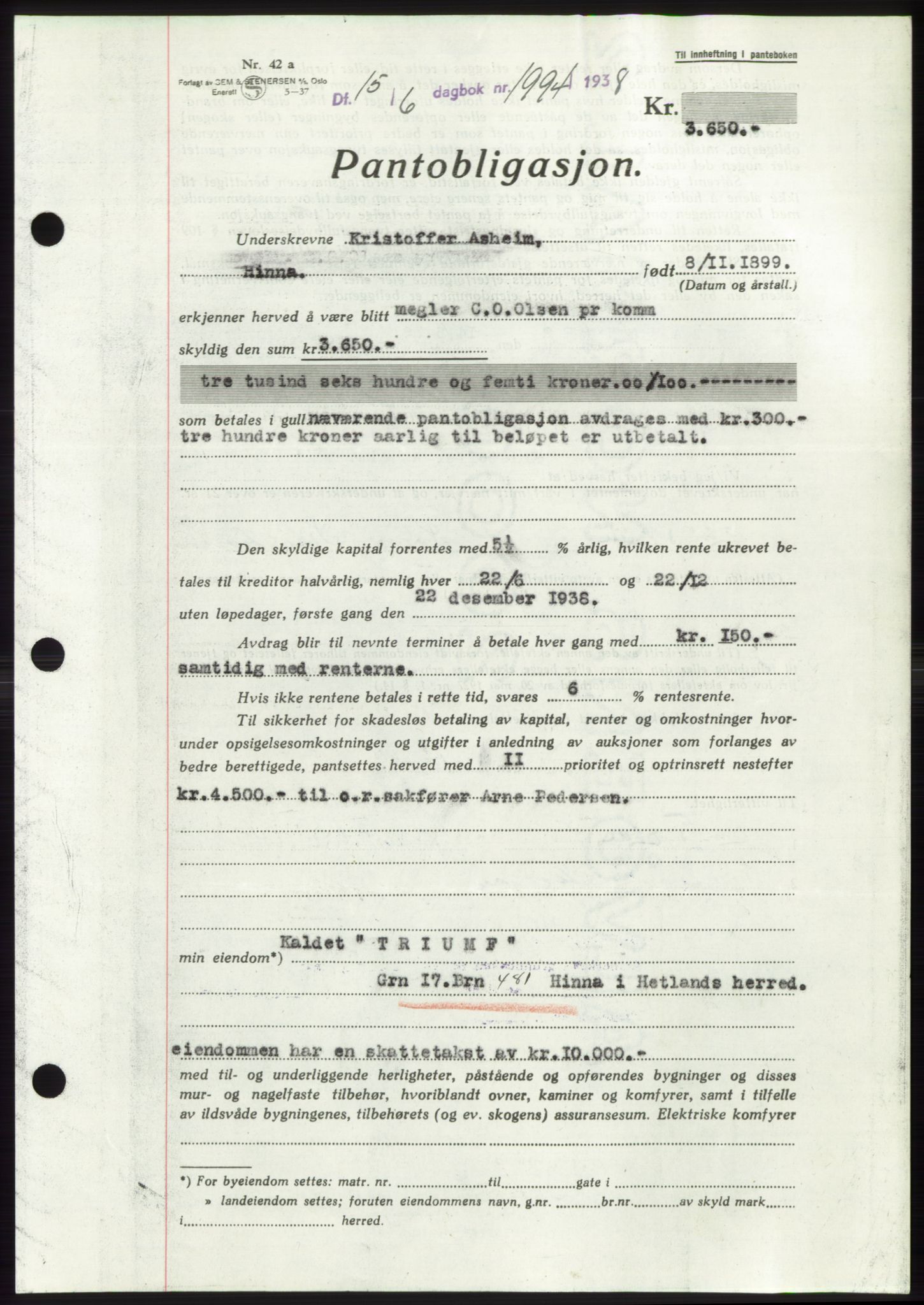 Jæren sorenskriveri, AV/SAST-A-100310/03/G/Gba/L0071: Mortgage book, 1938-1938, Diary no: : 1994/1938