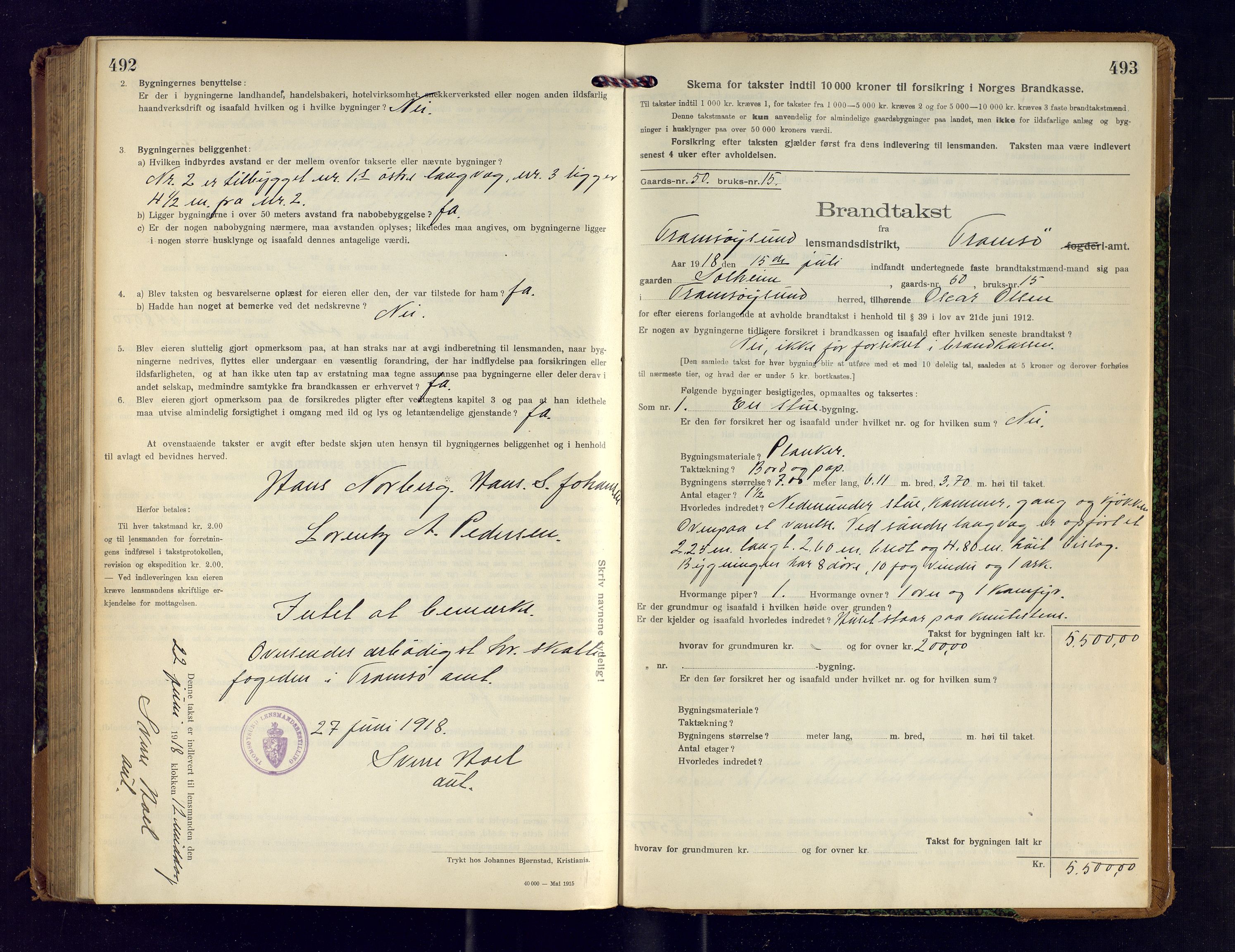 Tromsøysund lensmannskontor, AV/SATØ-SATØ-12/F/Fs/Fsb/L0742: Branntakstprotokoll (S).  Med register, 1916-1918, p. 492-493