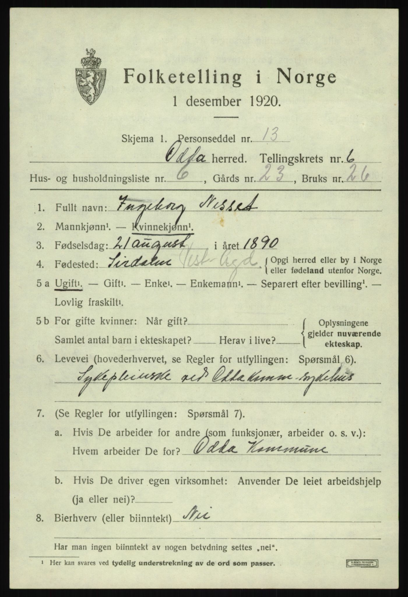 SAB, 1920 census for Odda, 1920, p. 4105