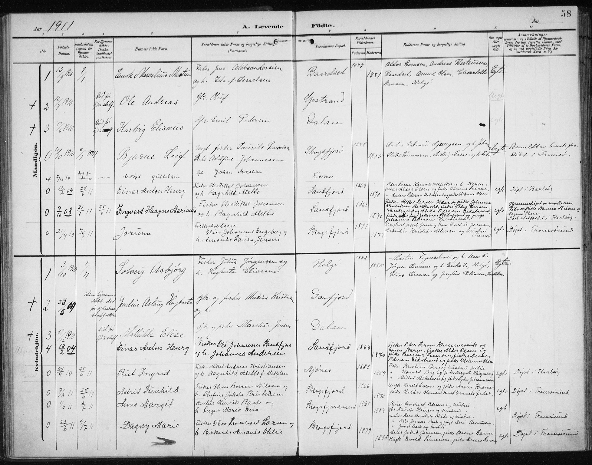 Karlsøy sokneprestembete, SATØ/S-1299/H/Ha/Haa/L0013kirke: Parish register (official) no. 13, 1902-1916, p. 58