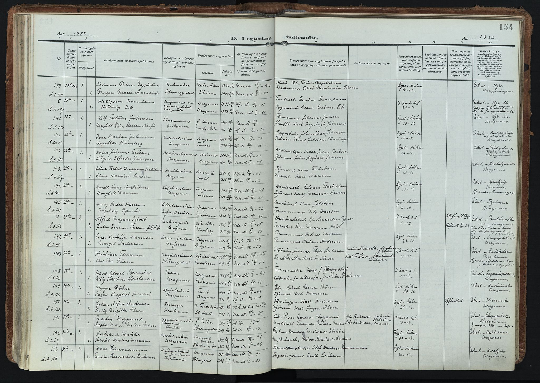 Bragernes kirkebøker, SAKO/A-6/F/Fc/L0009: Parish register (official) no. III 9, 1921-1939, p. 154