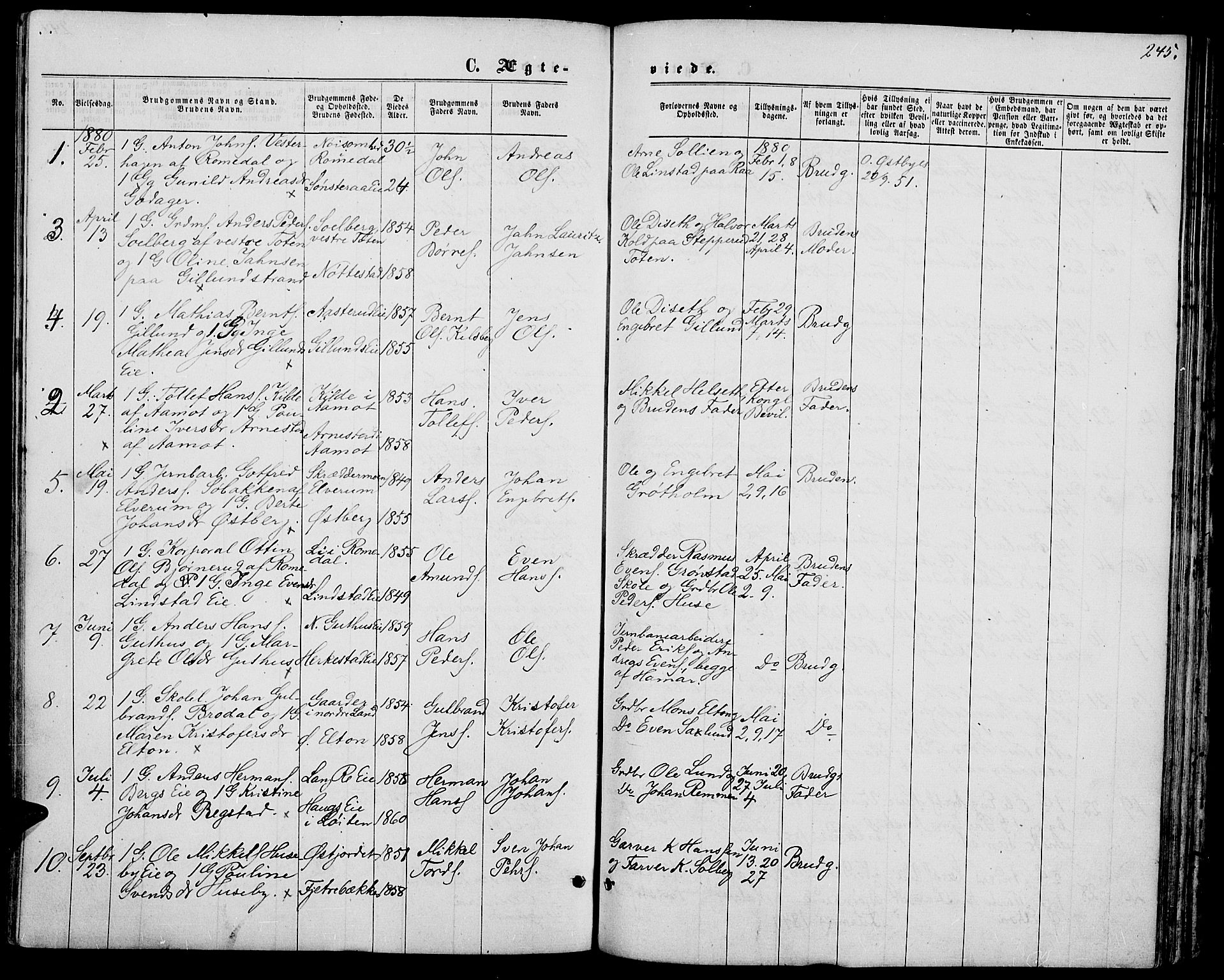 Stange prestekontor, SAH/PREST-002/L/L0006: Parish register (copy) no. 6, 1864-1882, p. 245