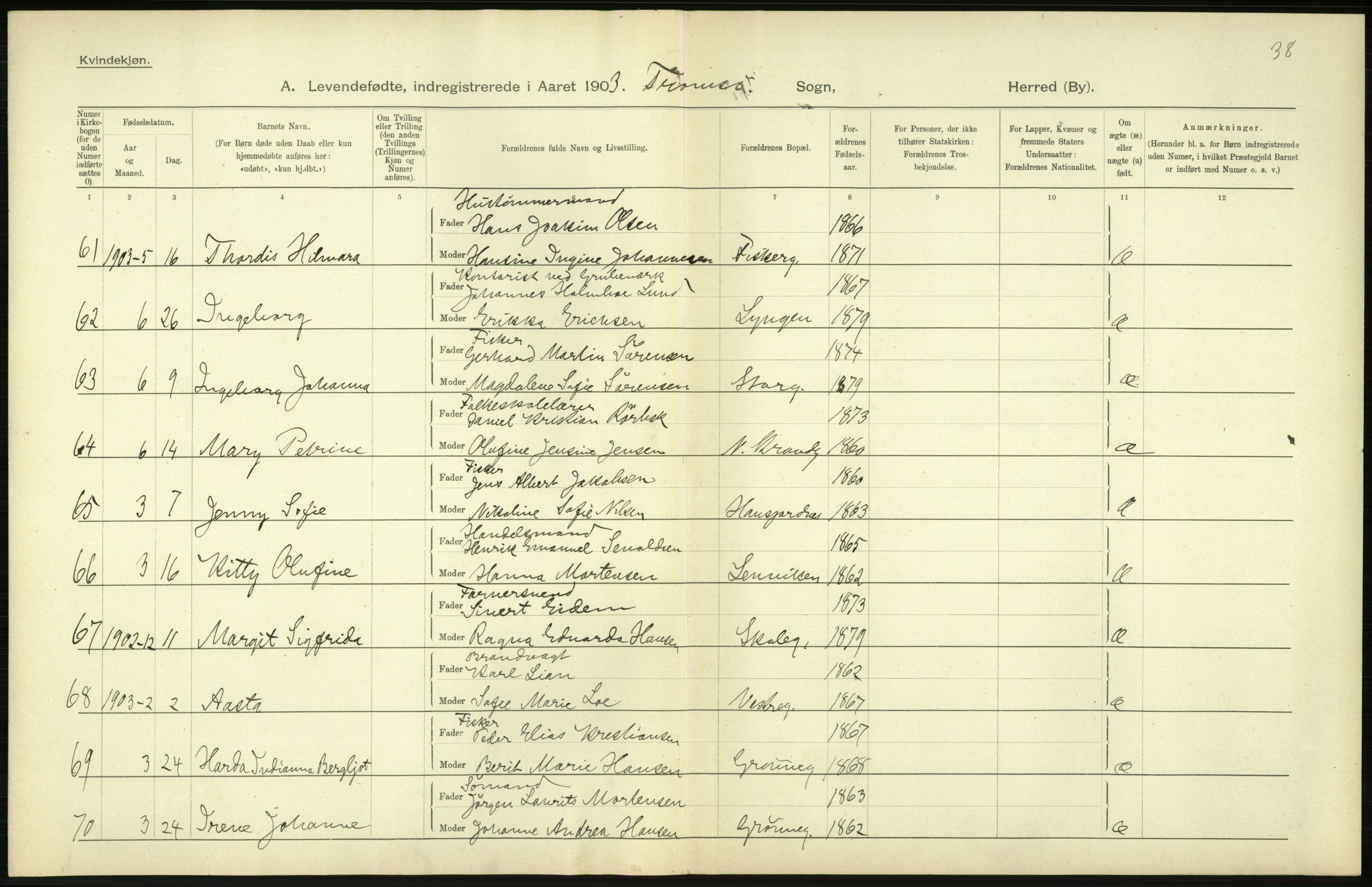 Statistisk sentralbyrå, Sosiodemografiske emner, Befolkning, AV/RA-S-2228/D/Df/Dfa/Dfaa/L0021: Tromsø amt: Fødte, gifte, døde., 1903, p. 286