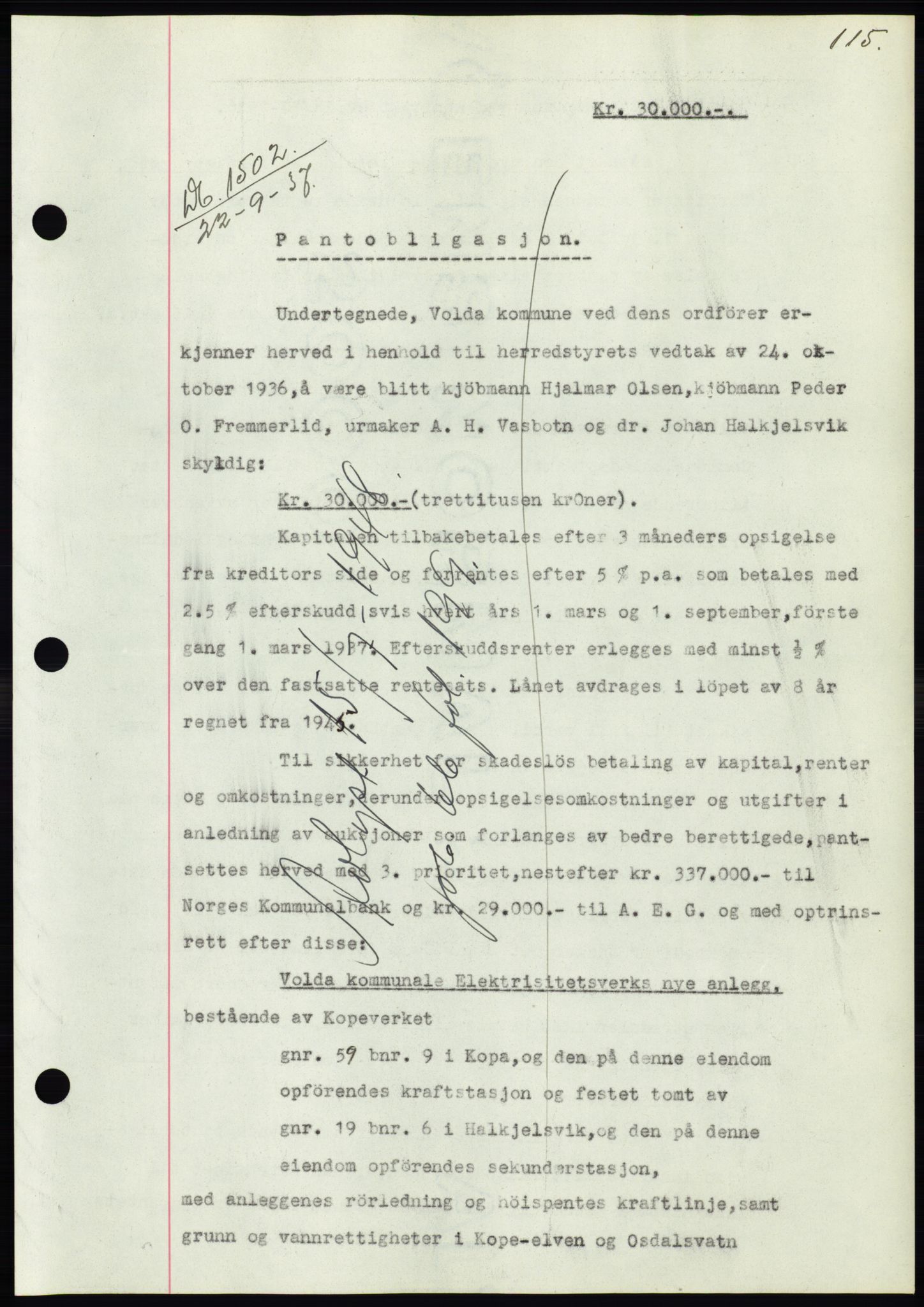 Søre Sunnmøre sorenskriveri, AV/SAT-A-4122/1/2/2C/L0064: Mortgage book no. 58, 1937-1938, Diary no: : 1502/1937