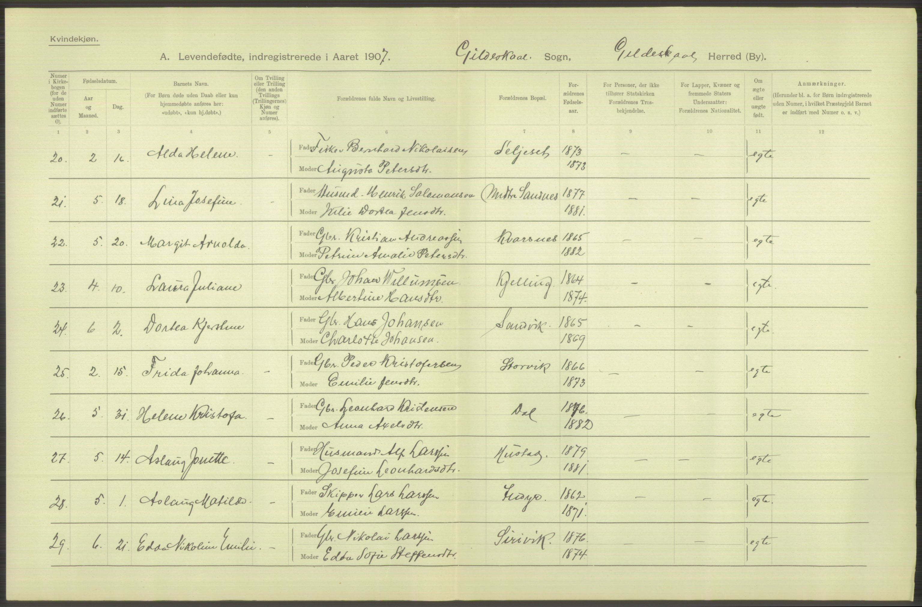 Statistisk sentralbyrå, Sosiodemografiske emner, Befolkning, AV/RA-S-2228/D/Df/Dfa/Dfae/L0043: Nordlands amt: Levendefødte menn og kvinner. Bygder., 1907, p. 394