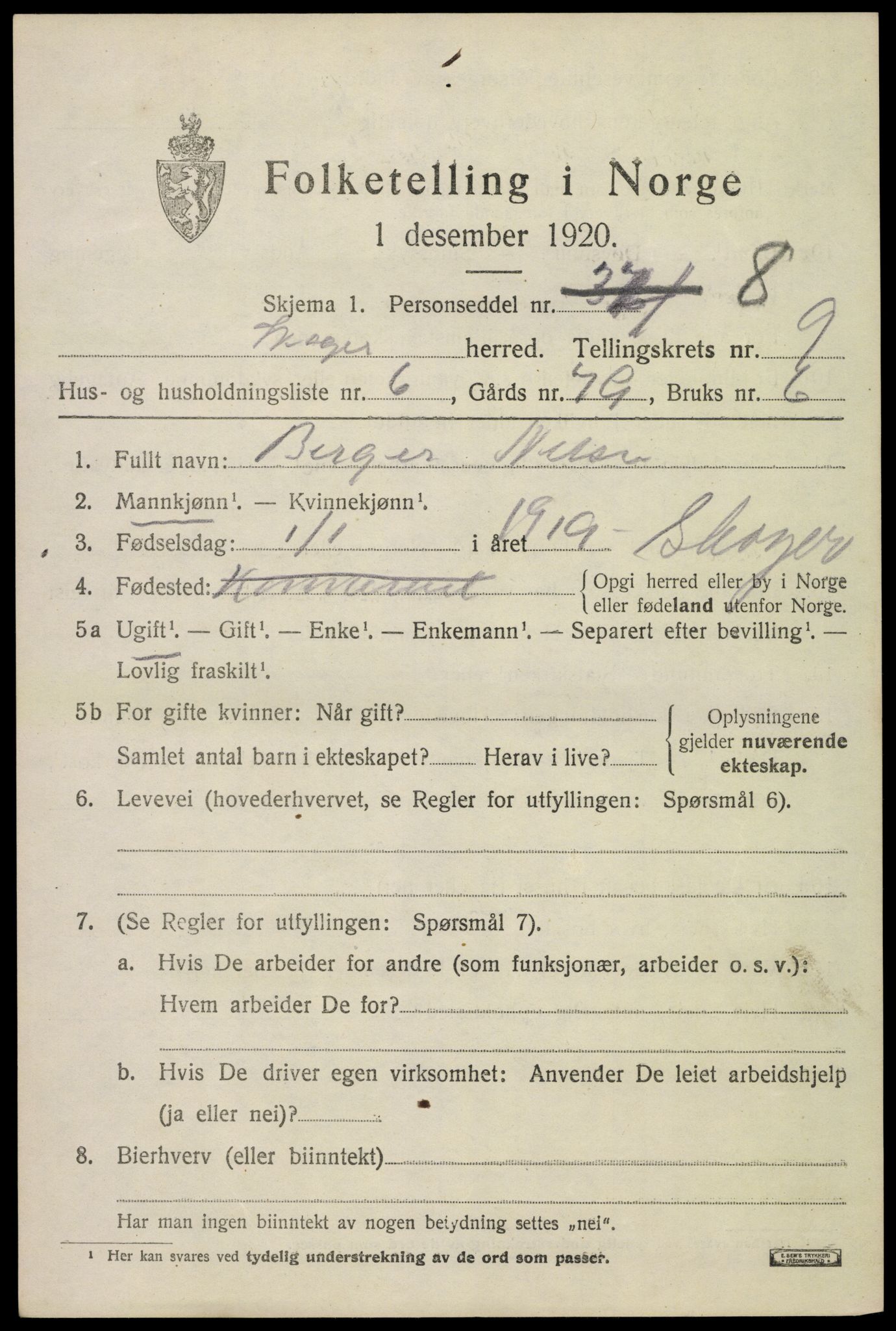 SAKO, 1920 census for Skoger, 1920, p. 16397