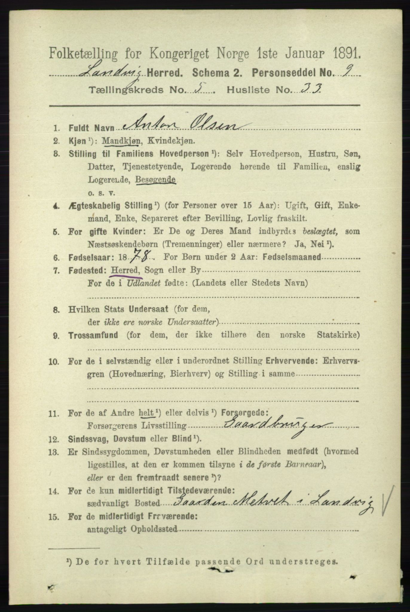 RA, 1891 census for 0924 Landvik, 1891, p. 2399