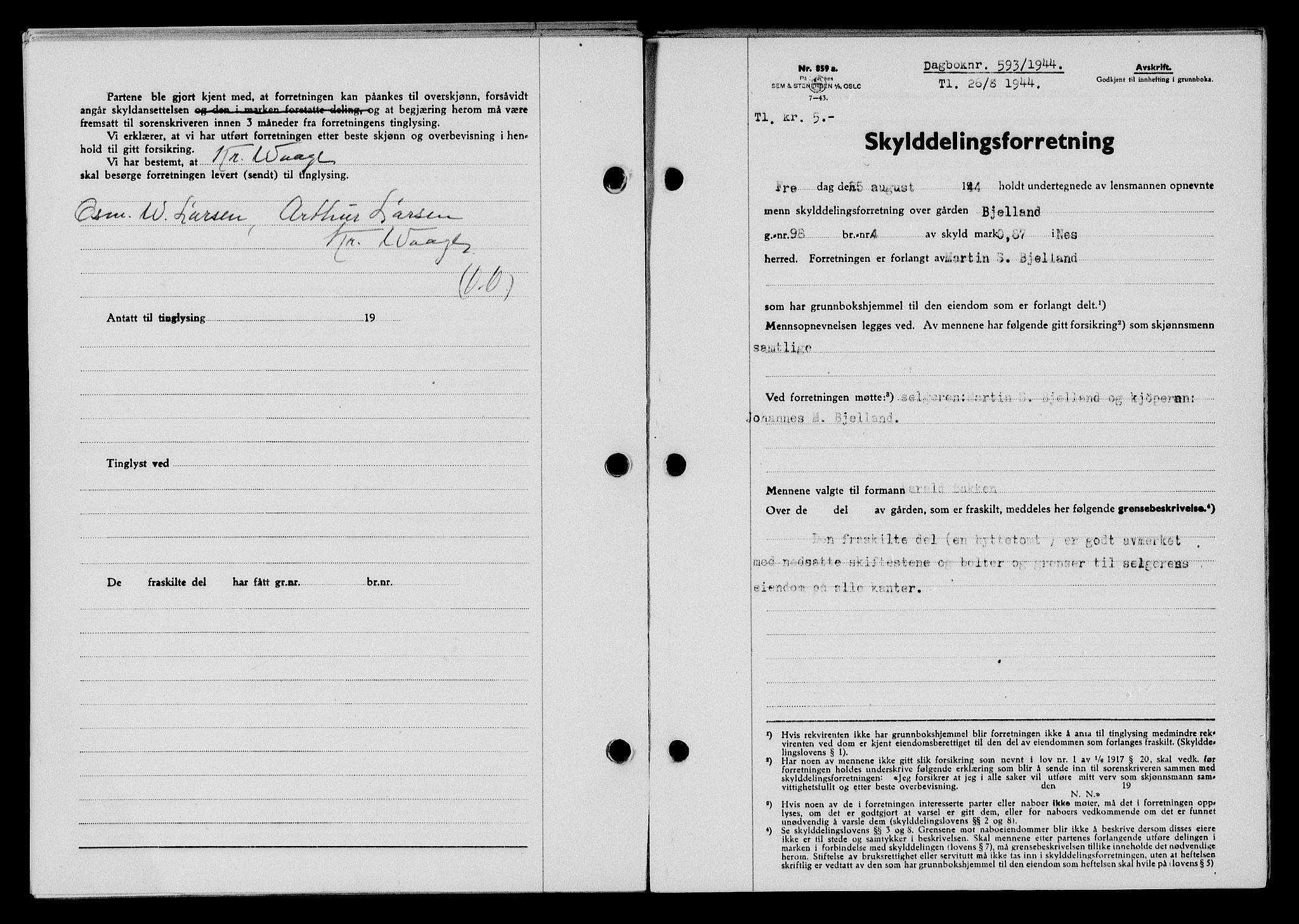 Flekkefjord sorenskriveri, SAK/1221-0001/G/Gb/Gba/L0059: Mortgage book no. A-7, 1944-1945, Diary no: : 593/1944
