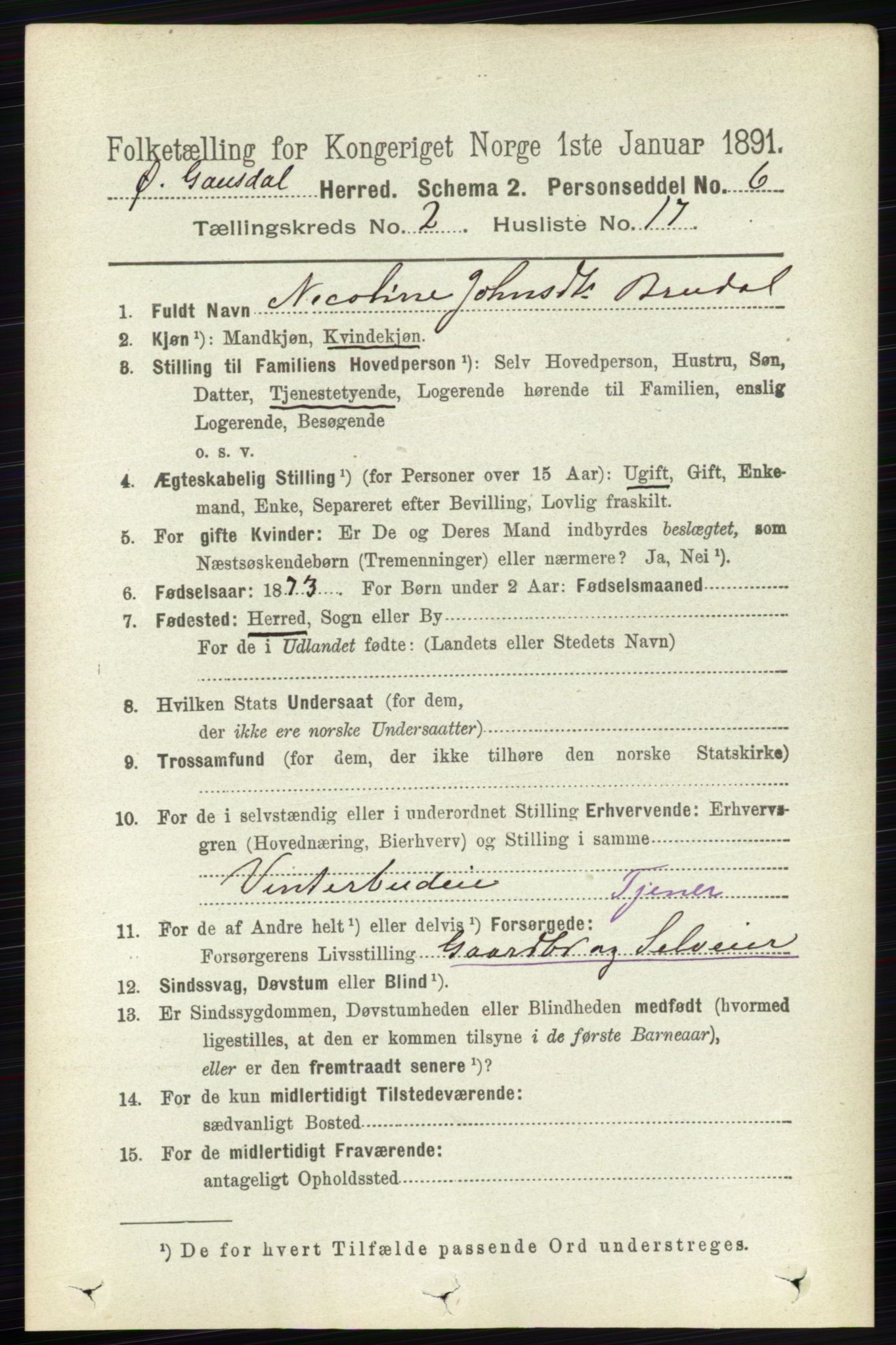 RA, 1891 census for 0522 Østre Gausdal, 1891, p. 1312
